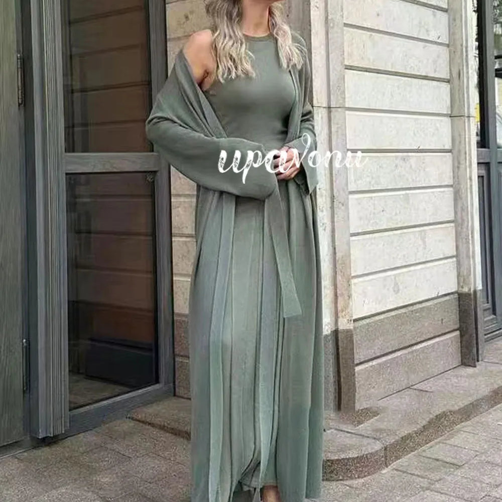 2024 Elegant Women'S Knitted Sweater Dresses Sets With Cardigan Long Jacket+Bodycon Pleated Long Knitted Dress Two-Piece Set