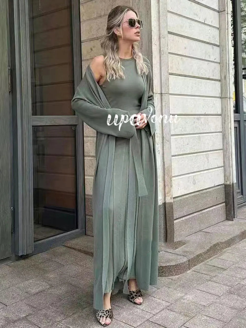 2024 Elegant Women'S Knitted Sweater Dresses Sets With Cardigan Long Jacket+Bodycon Pleated Long Knitted Dress Two-Piece Set