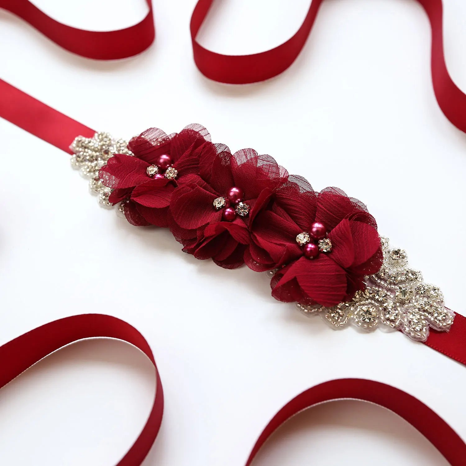 Wedding Accessories Bridal Belts Satin Flower Sash Woman Girl Belts Flower Bead Belts Floral Belt Wedding Rhinestone Flower Belt 2-Burgundy
