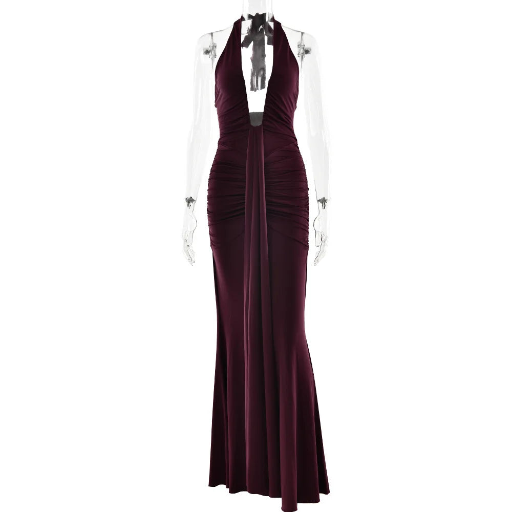 Women Halter V-neck Stacked Ruched Backless Bodycon Midi Maxi Long Dress 2025 Vacation Birthday Sexy Party Club Dresses Claret