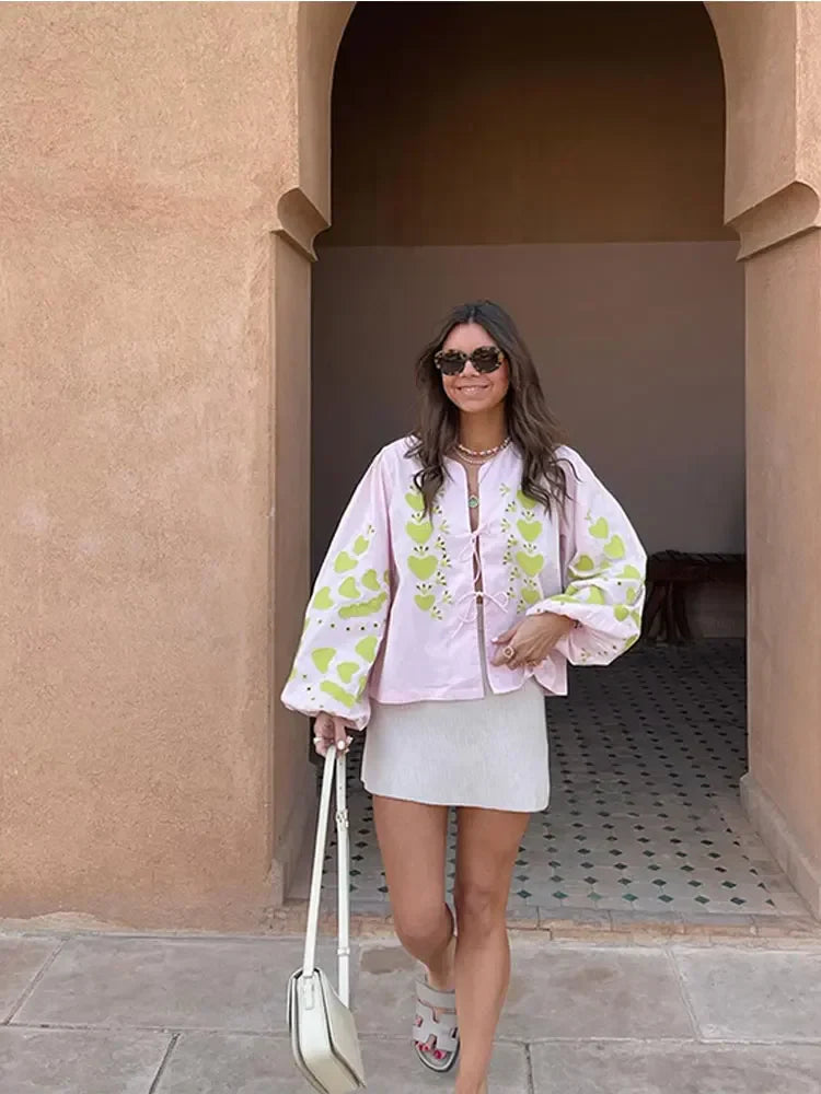 Women Casual Print Lace Up Long Sleeves Shirt Elegant Lady Loose Puff Sleeve Top Spring Fashion Female Commute Streetwear Pink