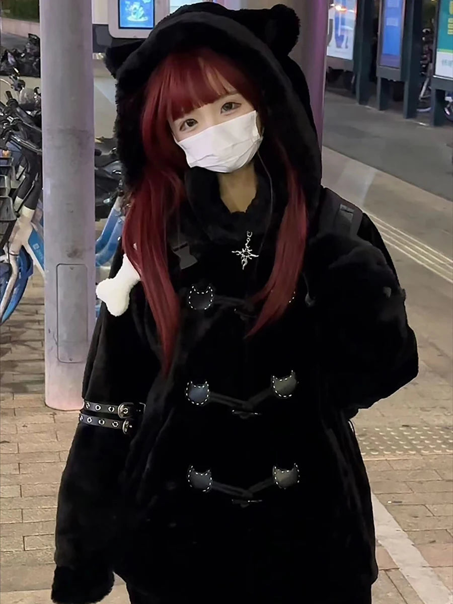 Lautaro Autumn Winter Oversized Soft Thick Warm White Faux Fur Hoodie Women with Bear Ears Horn Buttons Punk Style Fluffy Jacket