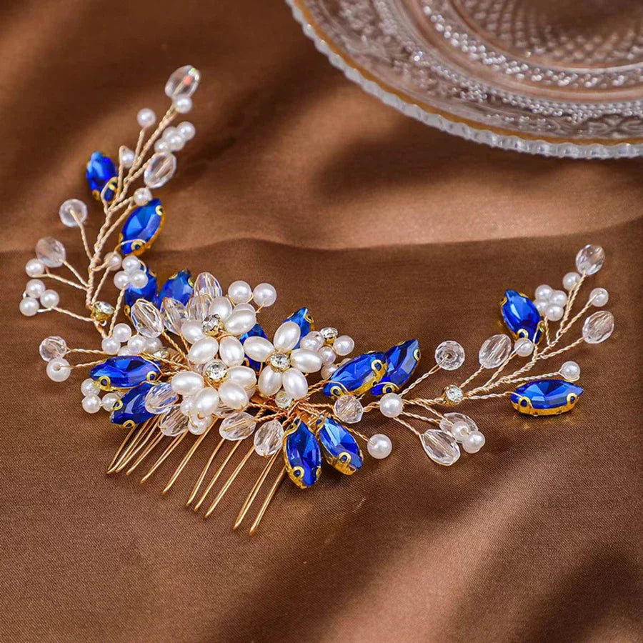 Color Crystal Pearls Wedding Hair Combs Miraculous Women Headbands Accessories Flower Bridal Headpiece Clip Bride Jewelry Gift blue