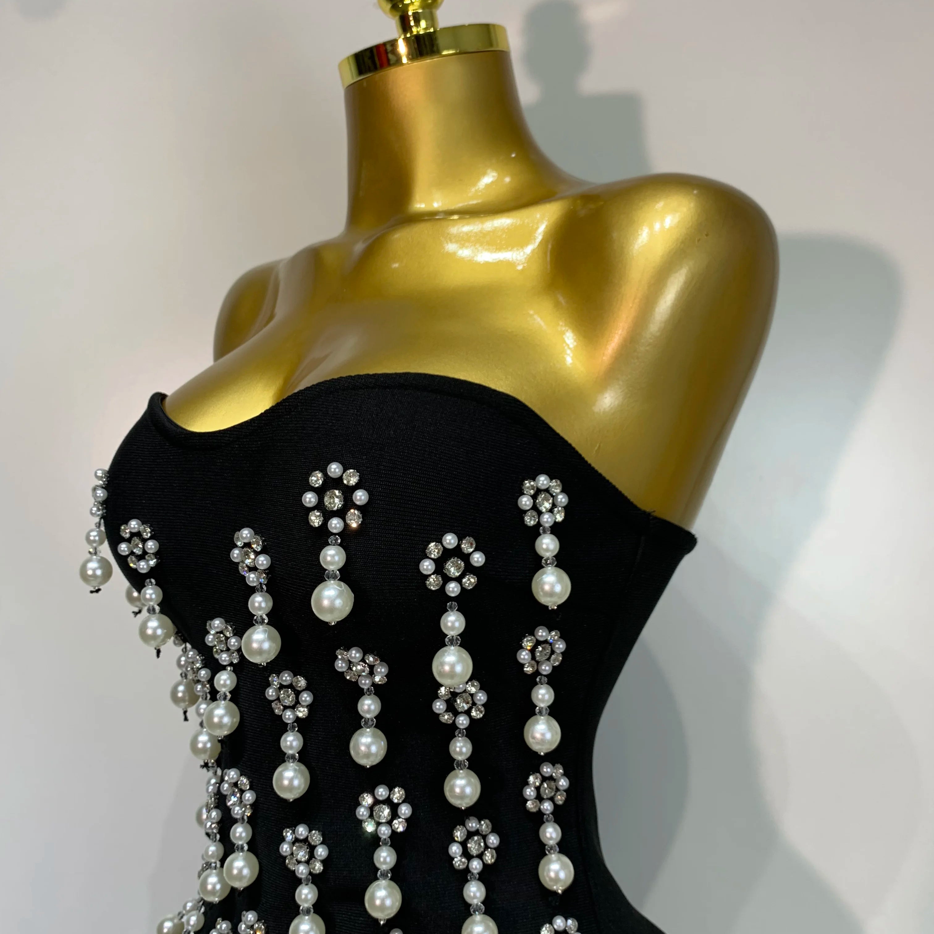 High Qualit Pearl Rhinestones Bodycon Strapless Mini Dress Women Sexy Backless Fashion Evening Party Club Luxury Birthday Dress
