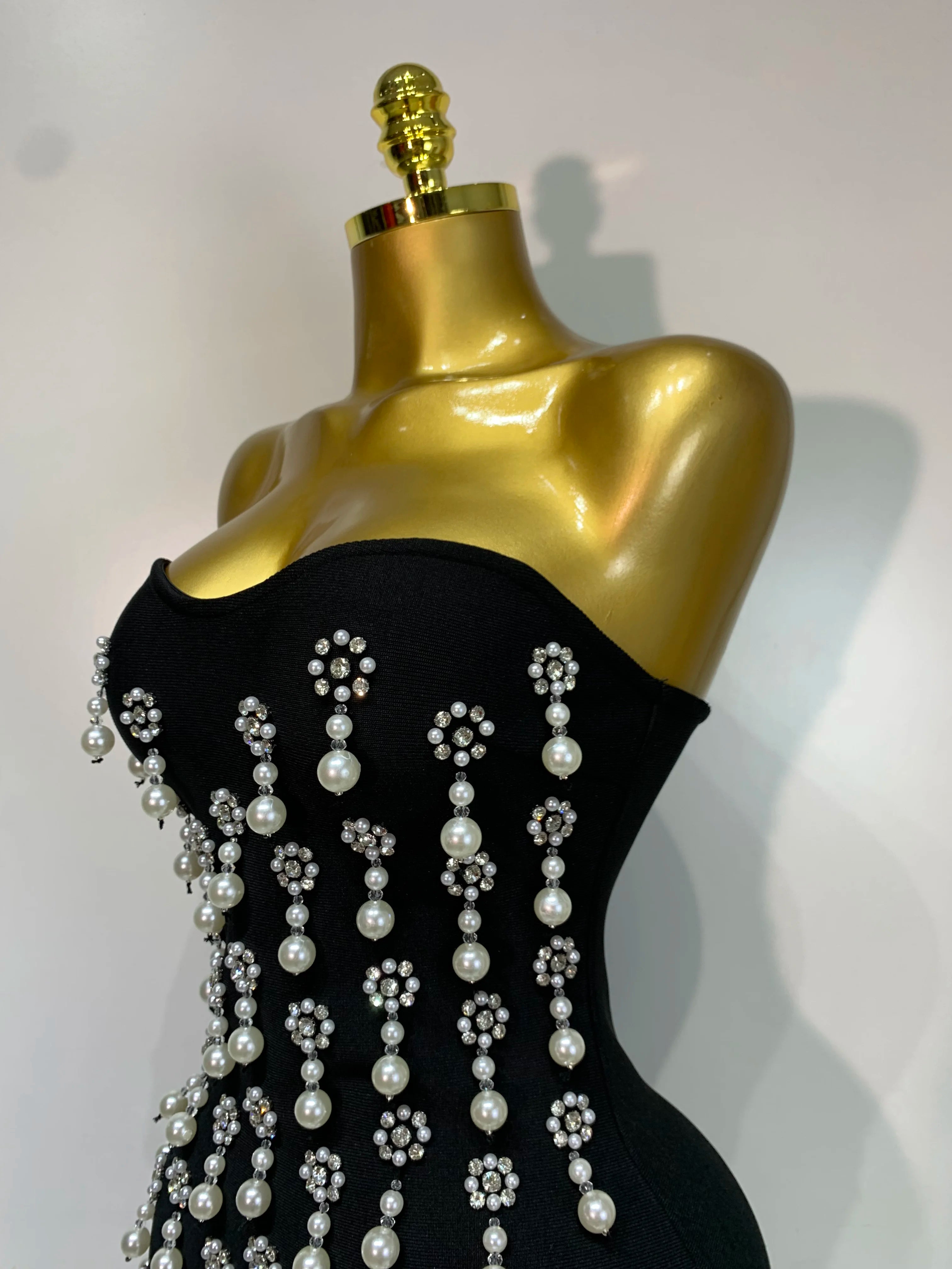 High Qualit Pearl Rhinestones Bodycon Strapless Mini Dress Women Sexy Backless Fashion Evening Party Club Luxury Birthday Dress