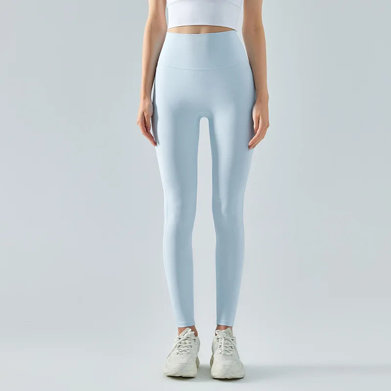 Emily Sportswear Naked High Waist Tight Yoga Pants Double-sided Brushed Peach Buttocks Lifting Running Sports Fitness Leggings Light blue