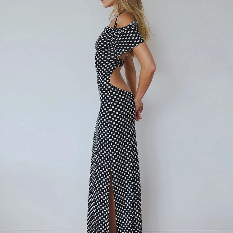 Mozision Off-shoulder Polka Dot Maxi Dress For Women Gown Fashion Halter Sleeveless Backless bodycon Split Long Dress Elegant