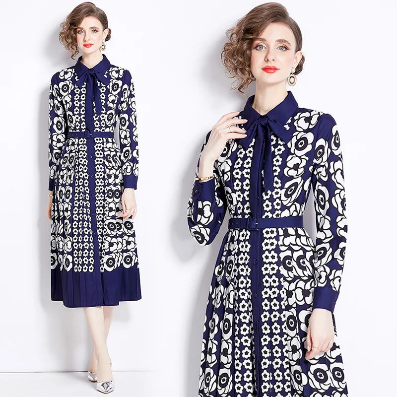 Fashion Designer Vintage Floral Print Maxi Dress Women Turn Down Collar Bow Lace Up Contrast Color Runway Long Robe Vestidos blue