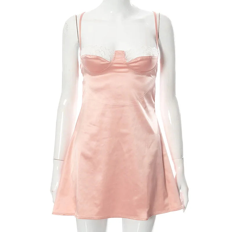 NEONBABIPINK Sexy White Lace Trim Satin Sundress Fairycore Backless Low Cut A Line Mini Dresses for Women Summer N85-CF11 Light pink