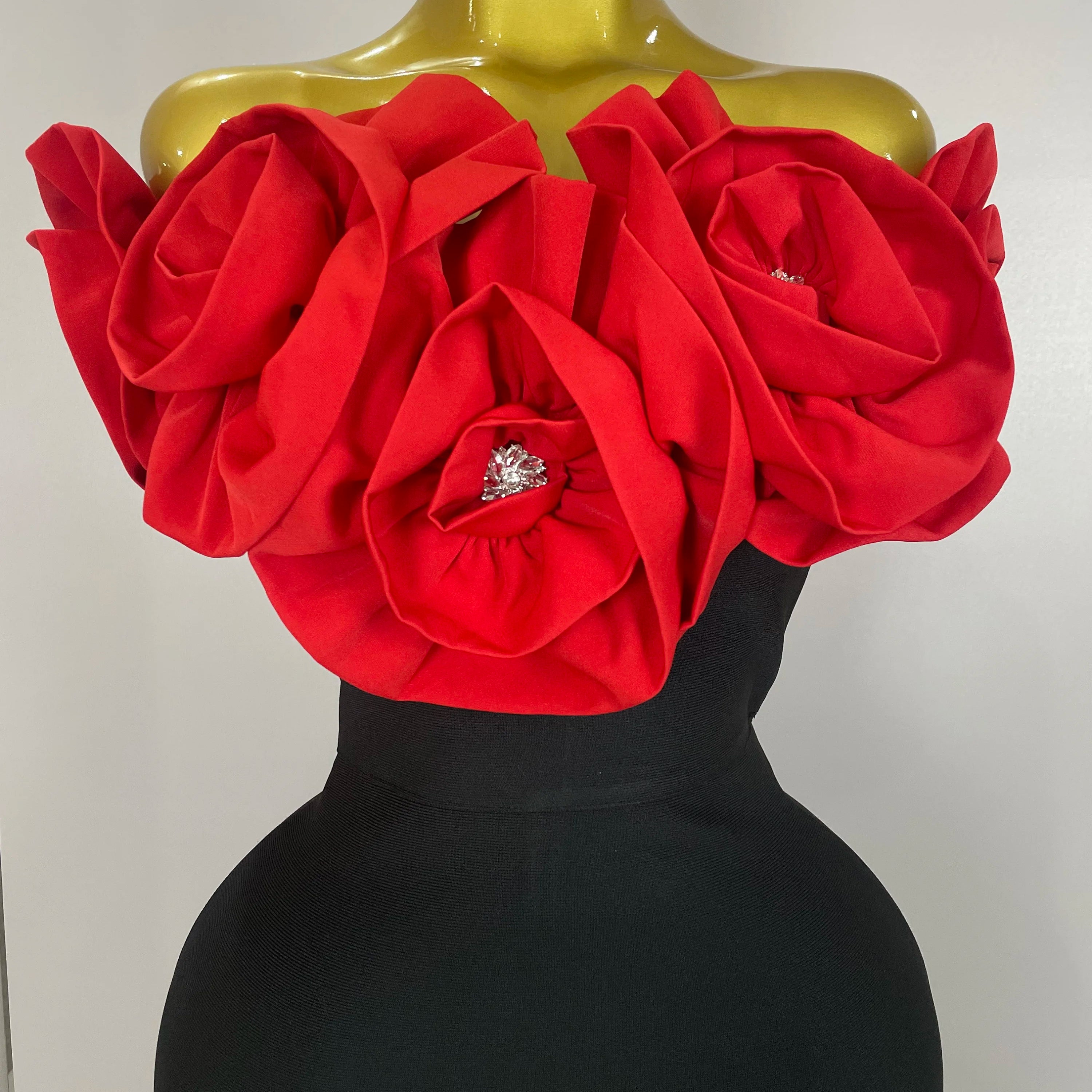 New Stereoscopic Red Flowers Sexy Off The Shoulder Ankle Lenght Bandage Dress Woman Birthday Party Vestido Wedding Party Outfit