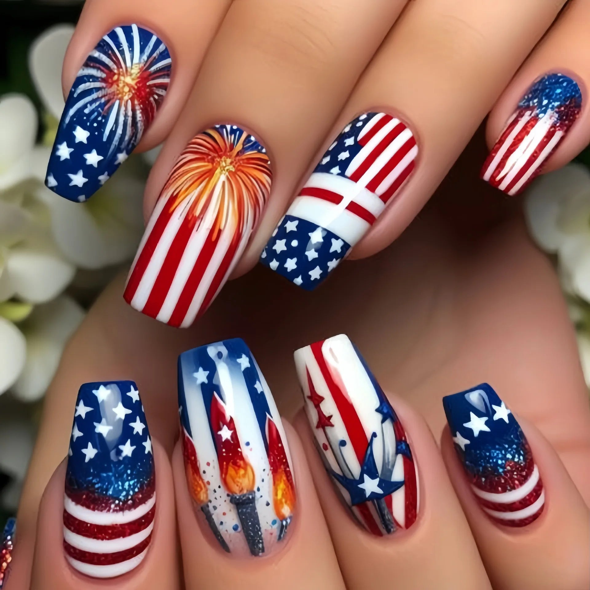 24pcs/set Short Medium square ballet fake nails tip for American Independence Day blue red flowers star flag press on false nail 2067