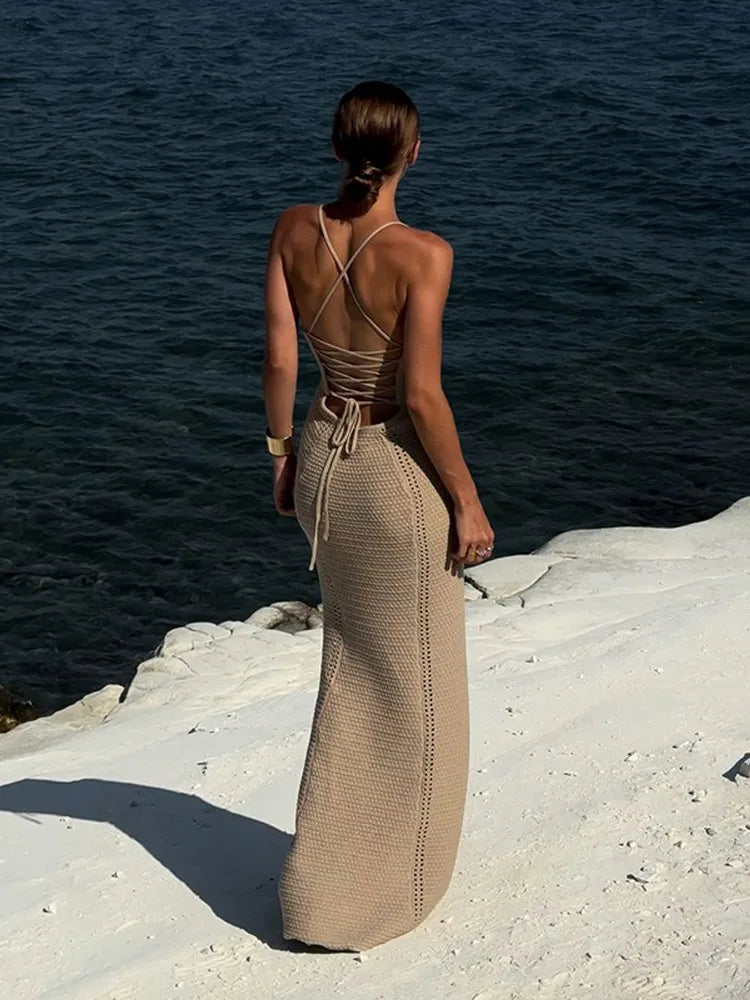 Fashion Solid V Neck Slim Fit Knit Maxi Dress Elegant Hollow Out Lace Up Backless Gown New Lady Summer Vacation Beach Vestidos