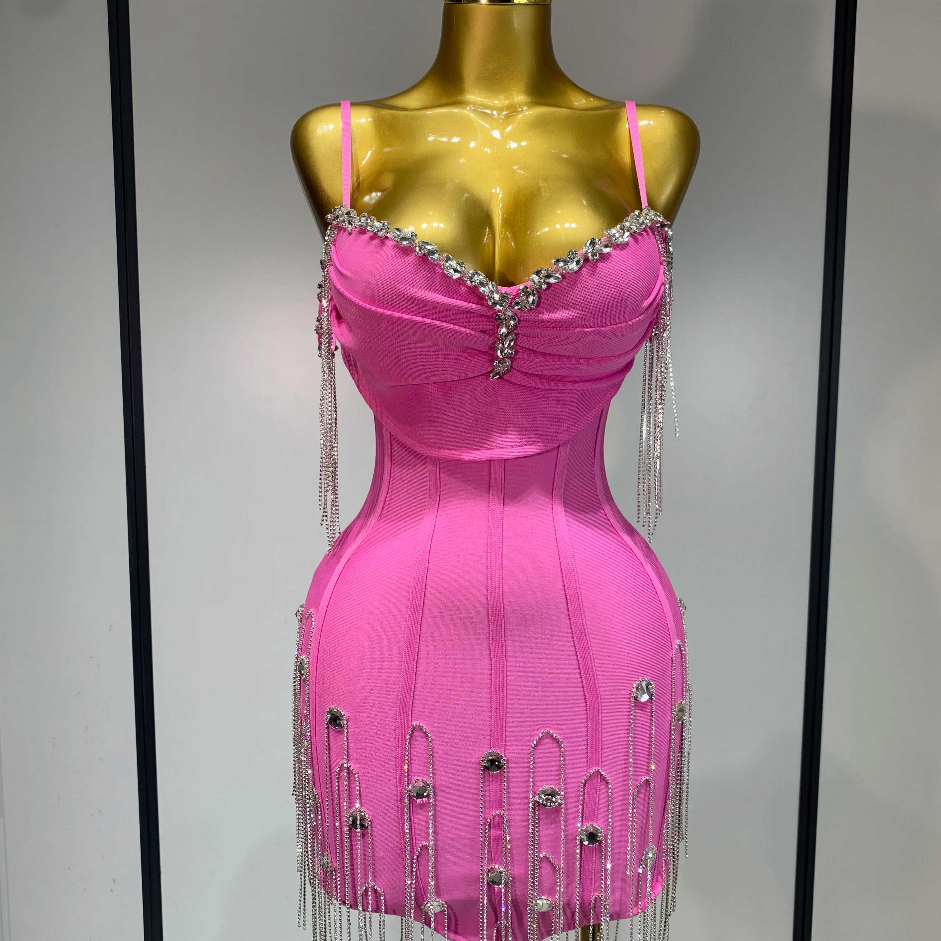 Sexy Backless Spaghetti Strap Bodycon Sleeveless Bandage Dress Elegant Prom Gown Club Evening Party Luxury Birthday Dresses Pink