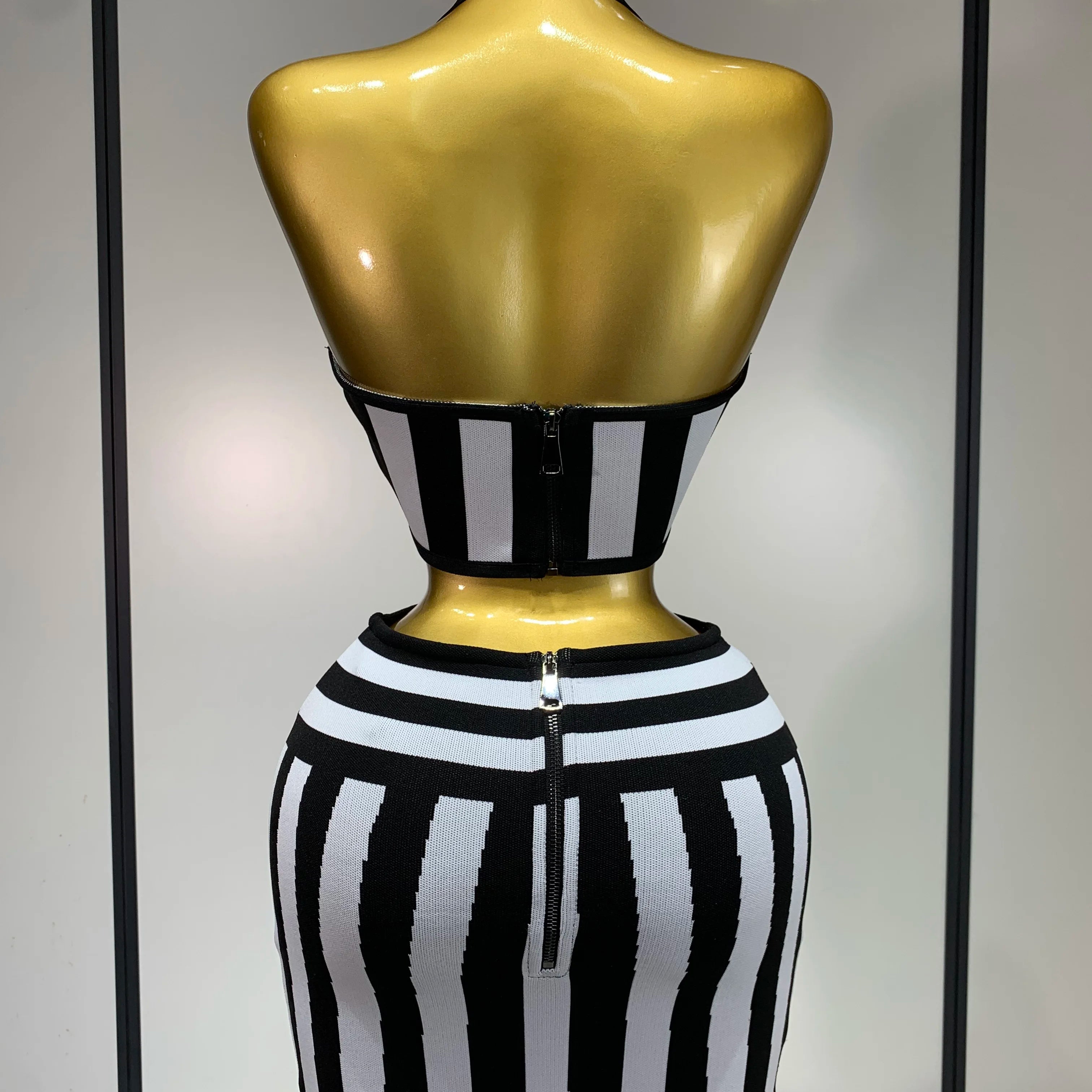 Women Sexy Backless Halter Striped Bandage Skirt Two Piece Set 2025 Knitted Celebrity Elegant Evening Birthday Party Dresses