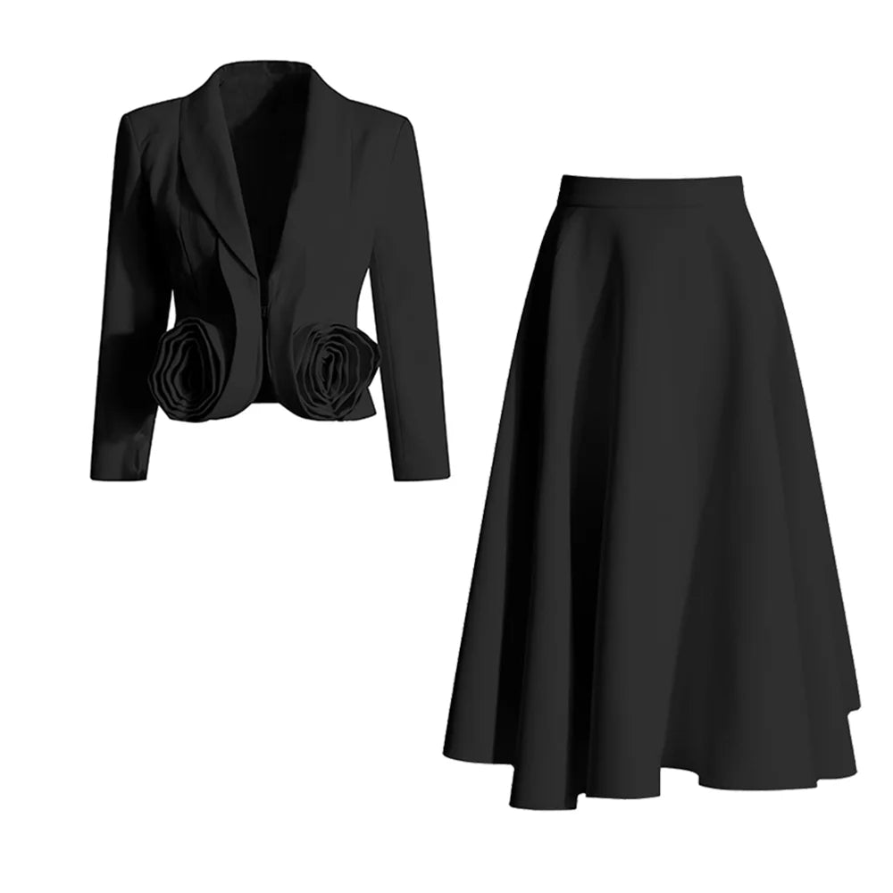 Elegant Two Piece Set For Women Shawl Collar Long Sleeve Spliced Appliques Top High Waist A Line Skirt Slim Sets BLACKSET