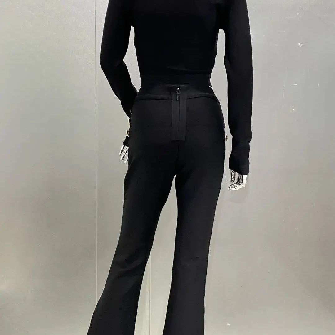 Bandage Expose Waist Woman Set Fashion Golden Buttons Short Coat Top And Flare Pants 2 Pieces High Street Wear