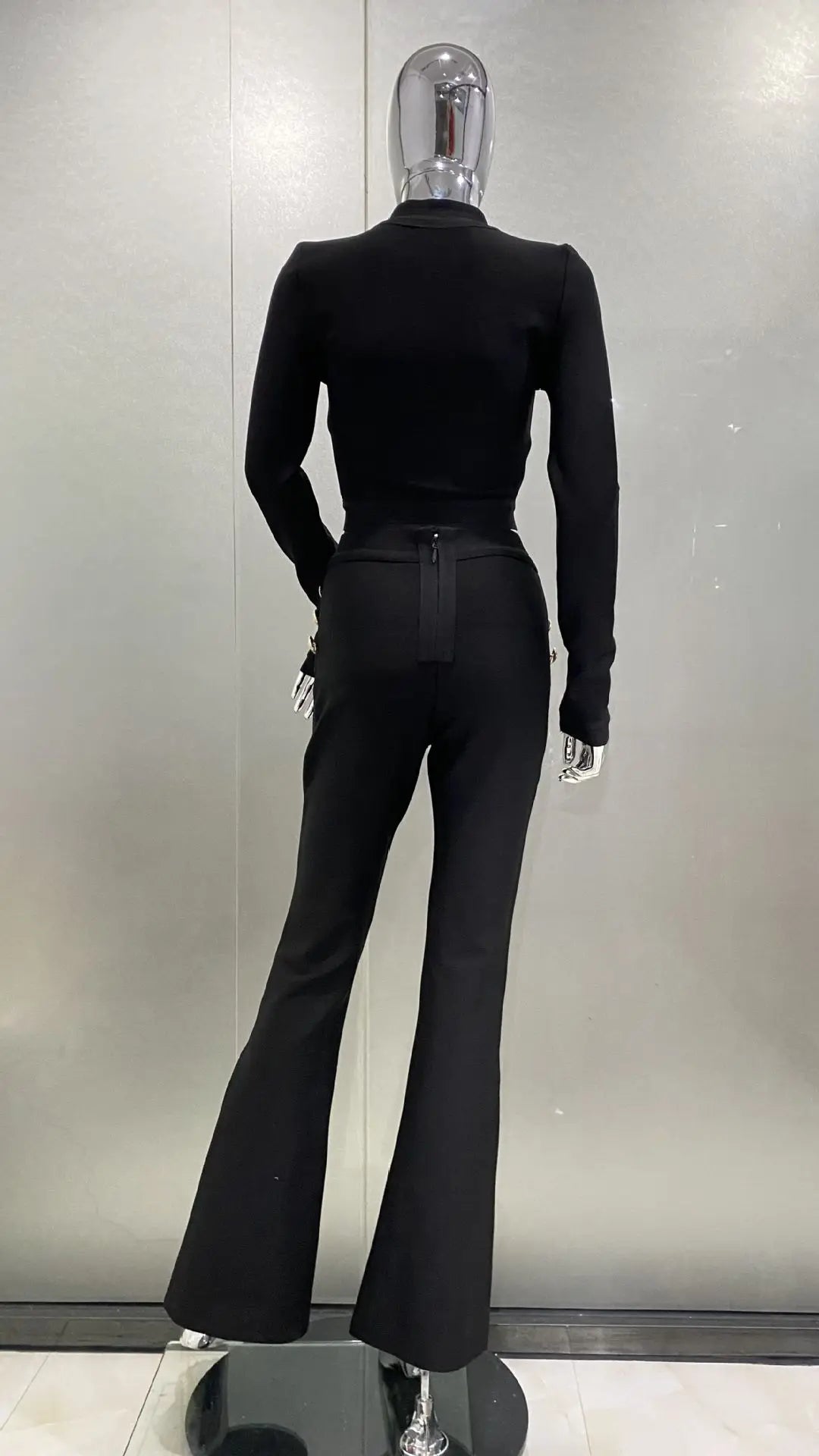 Bandage Expose Waist Woman Set Fashion Golden Buttons Short Coat Top And Flare Pants 2 Pieces High Street Wear