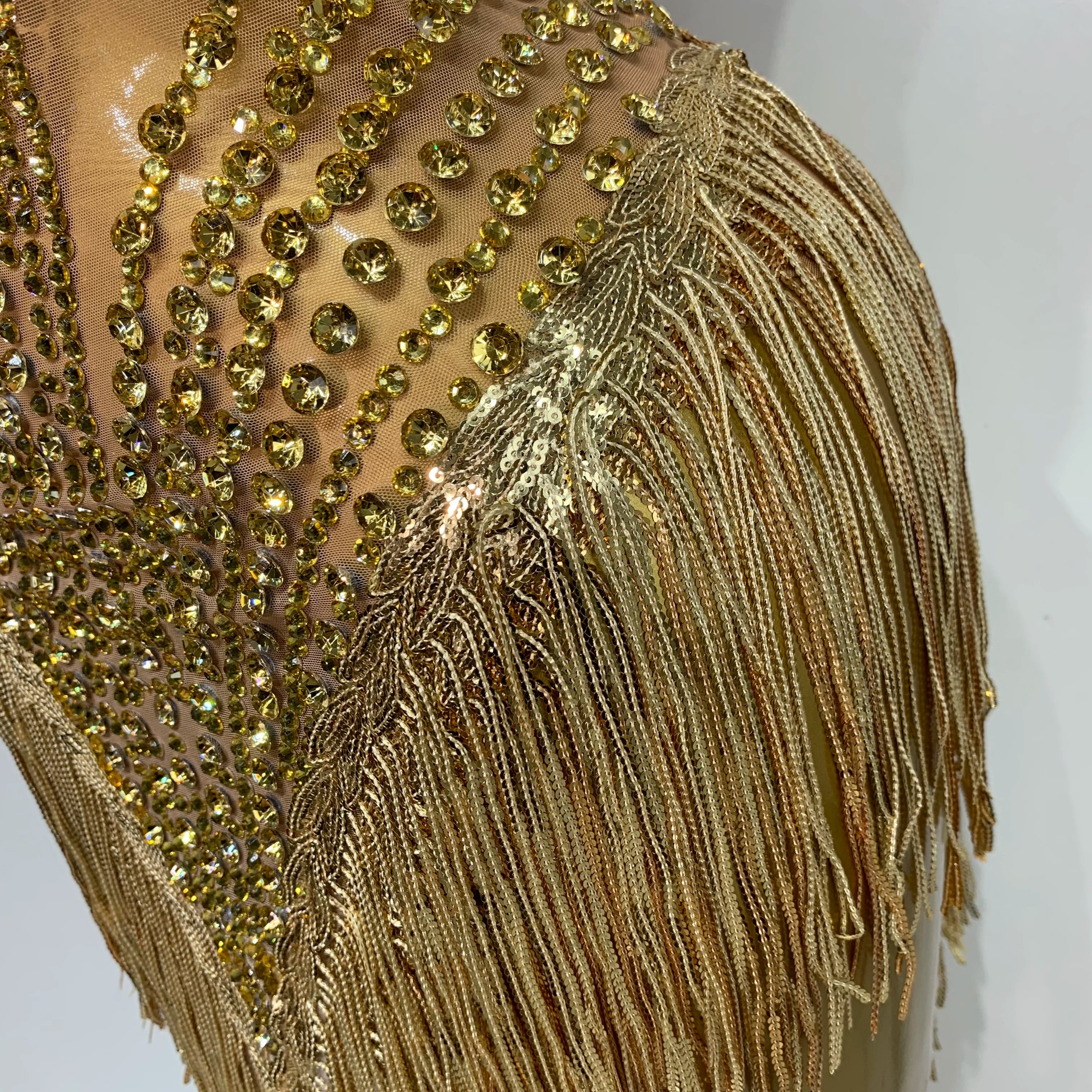 Women Sparkly Rhinestones Pearls Tassel Sexy Mesh See Through Dress Latin Dance Outfits Bar Nightclub Party Stage Costume