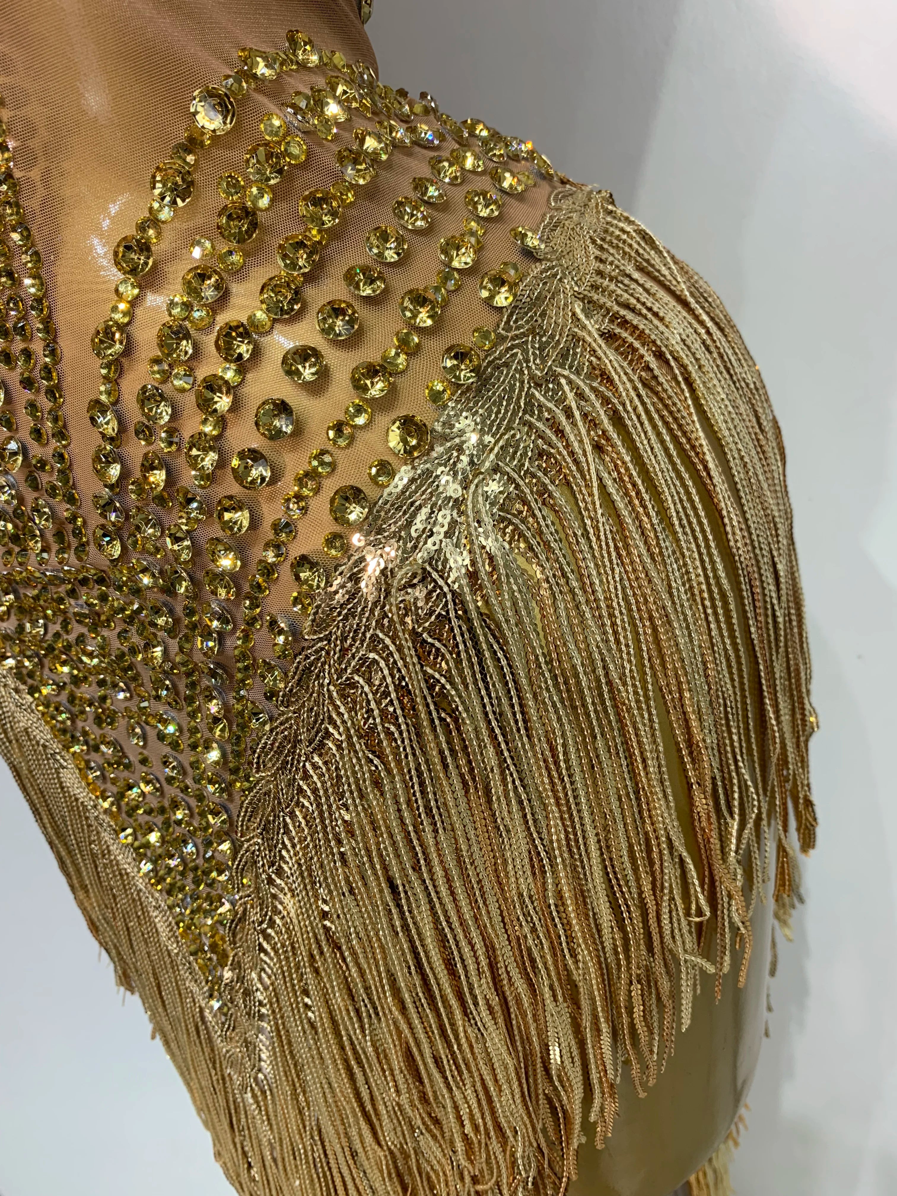 Women Sparkly Rhinestones Pearls Tassel Sexy Mesh See Through Dress Latin Dance Outfits Bar Nightclub Party Stage Costume