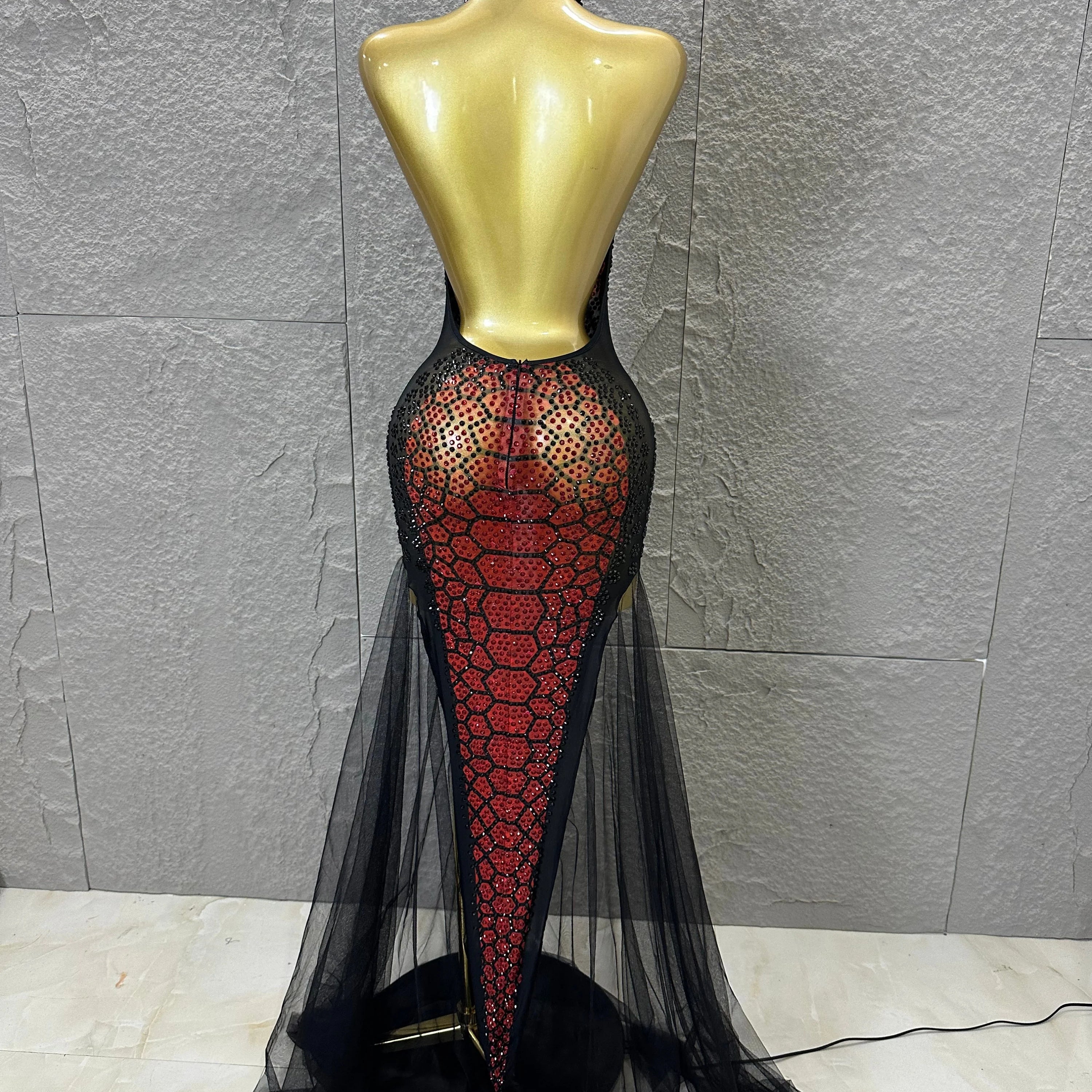Luxurious Rhinestone Opulent Maxi Dress Women Halter Neck Sheer Mesh Black Red Crystal Embellished Stage Gown
