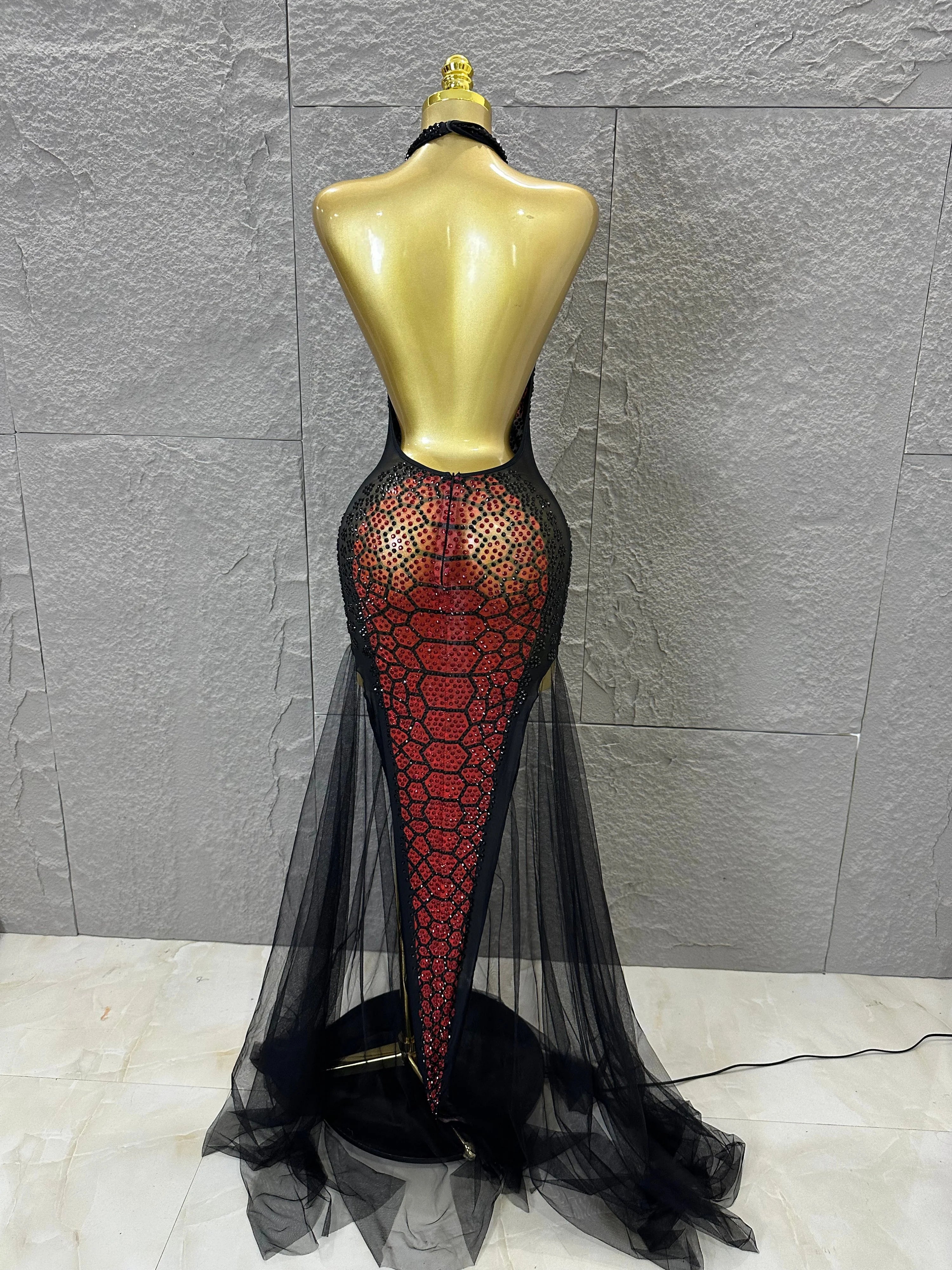 Luxurious Rhinestone Opulent Maxi Dress Women Halter Neck Sheer Mesh Black Red Crystal Embellished Stage Gown