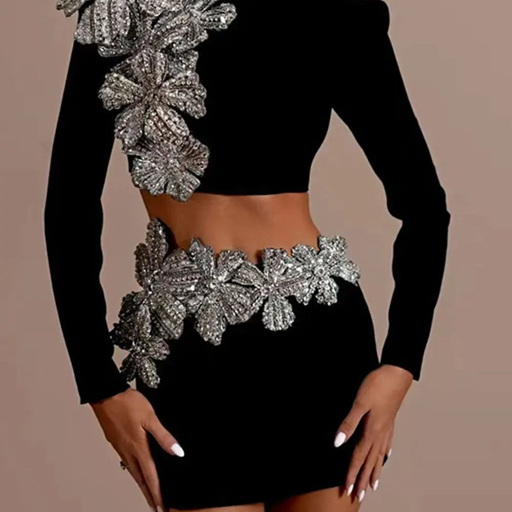 Women's Heavy Industry Nail Bead Flower Short Skirt Set High Collar Long Sleeve Tight Ultra Short Top+Mini Skirt Two Piece Set black