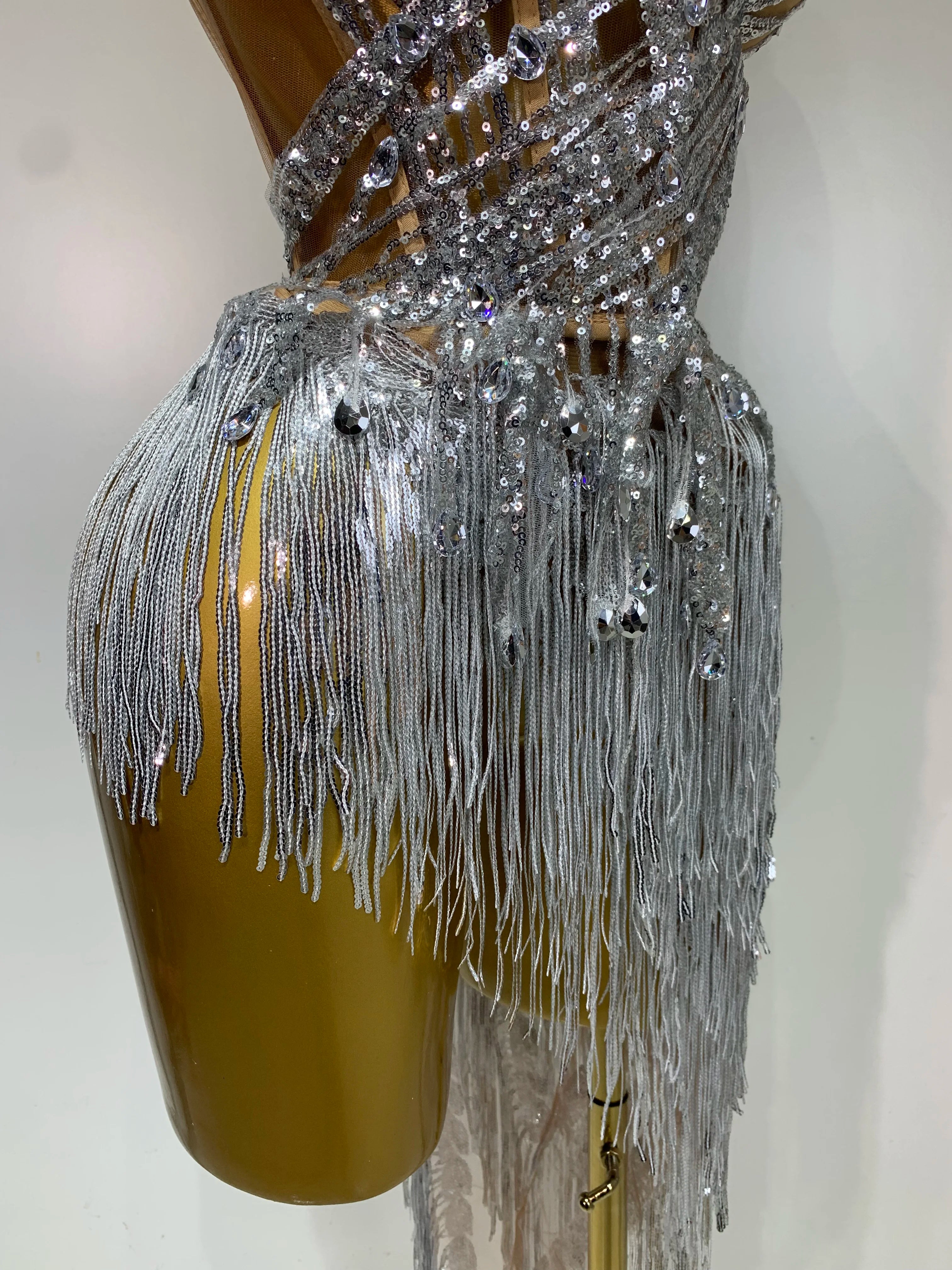 Women Sexy Singer Dancer Performan Costume Nightclub Bar Girl Sparkly Diamond Tassel Two Piece Set Evening Party Outfit