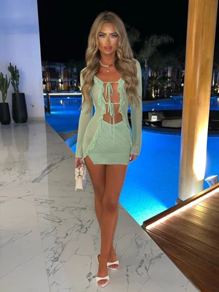 Townlike Sexy 3 Pieces Set Women Long Sleeve Crop Top And Mini Skirts And Bra Slim Three Piece Set 2024 Spring Summer Outfits 23008lightgreen