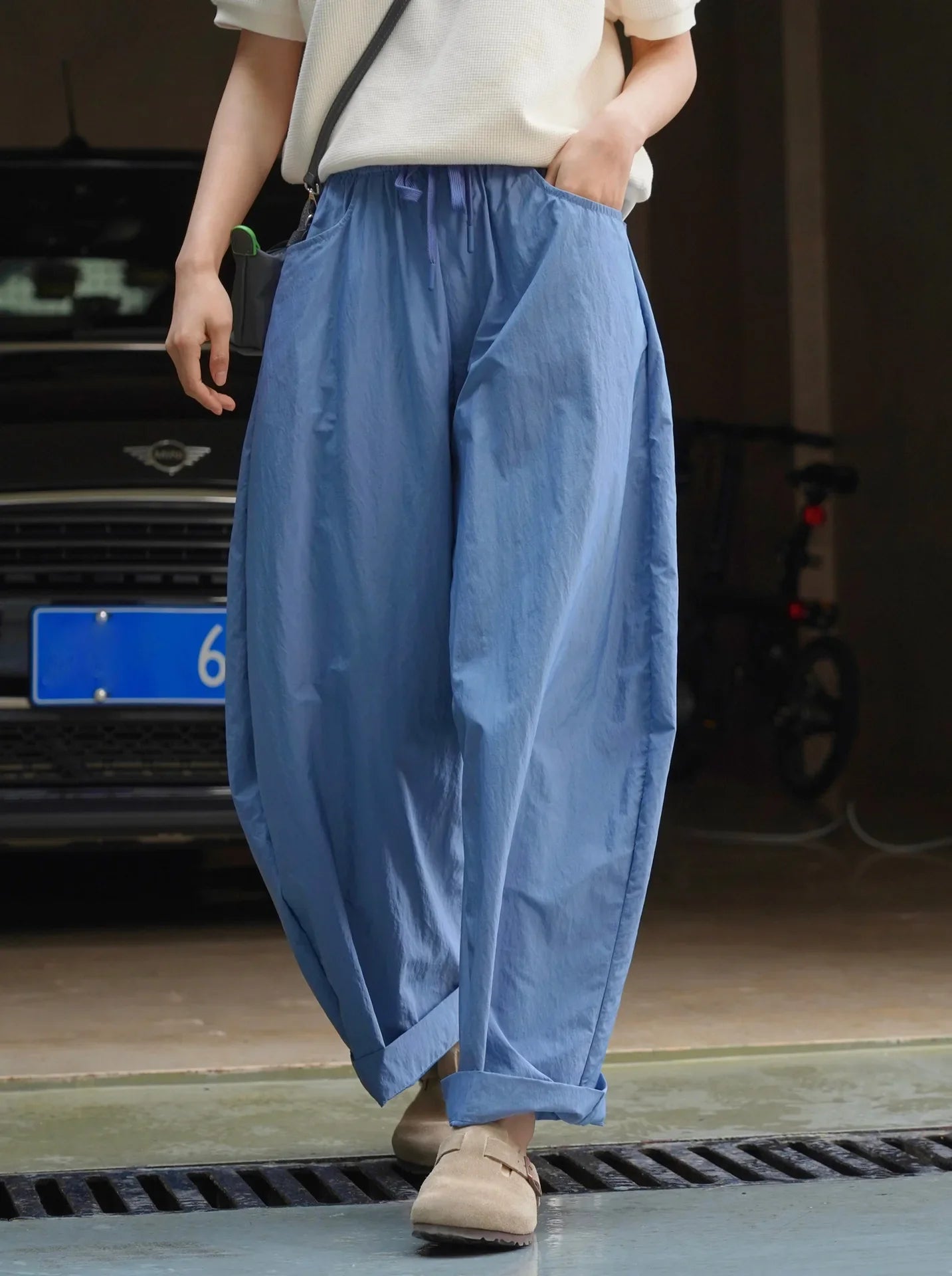 Summer women's casual solid color high waisted loose wide leg pants Blue