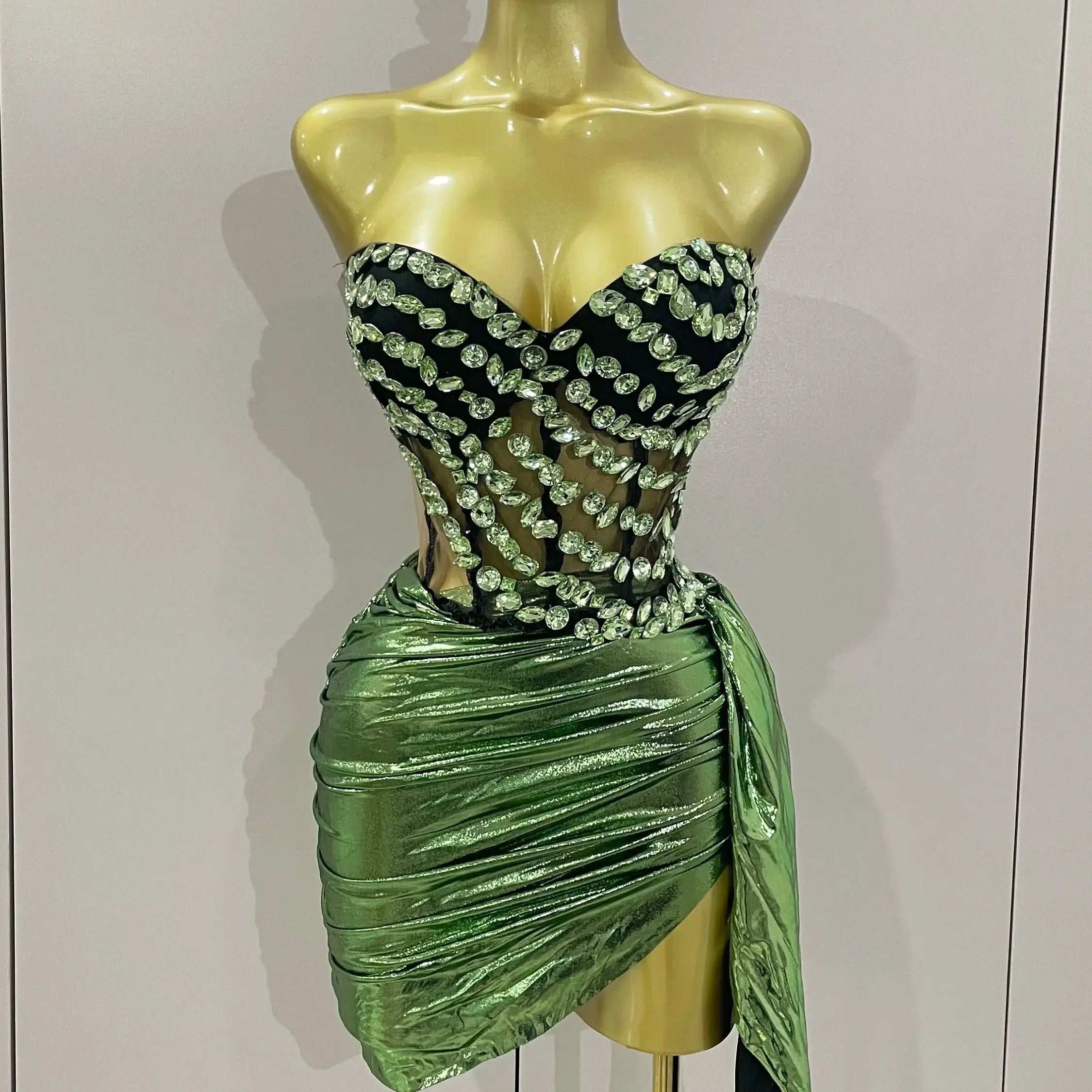 Sparkly Red Diamonds Two Piece Set Sexy Strapless Backless Women Outfit Evening Party Nightclub Stage Performance Dance Costume green