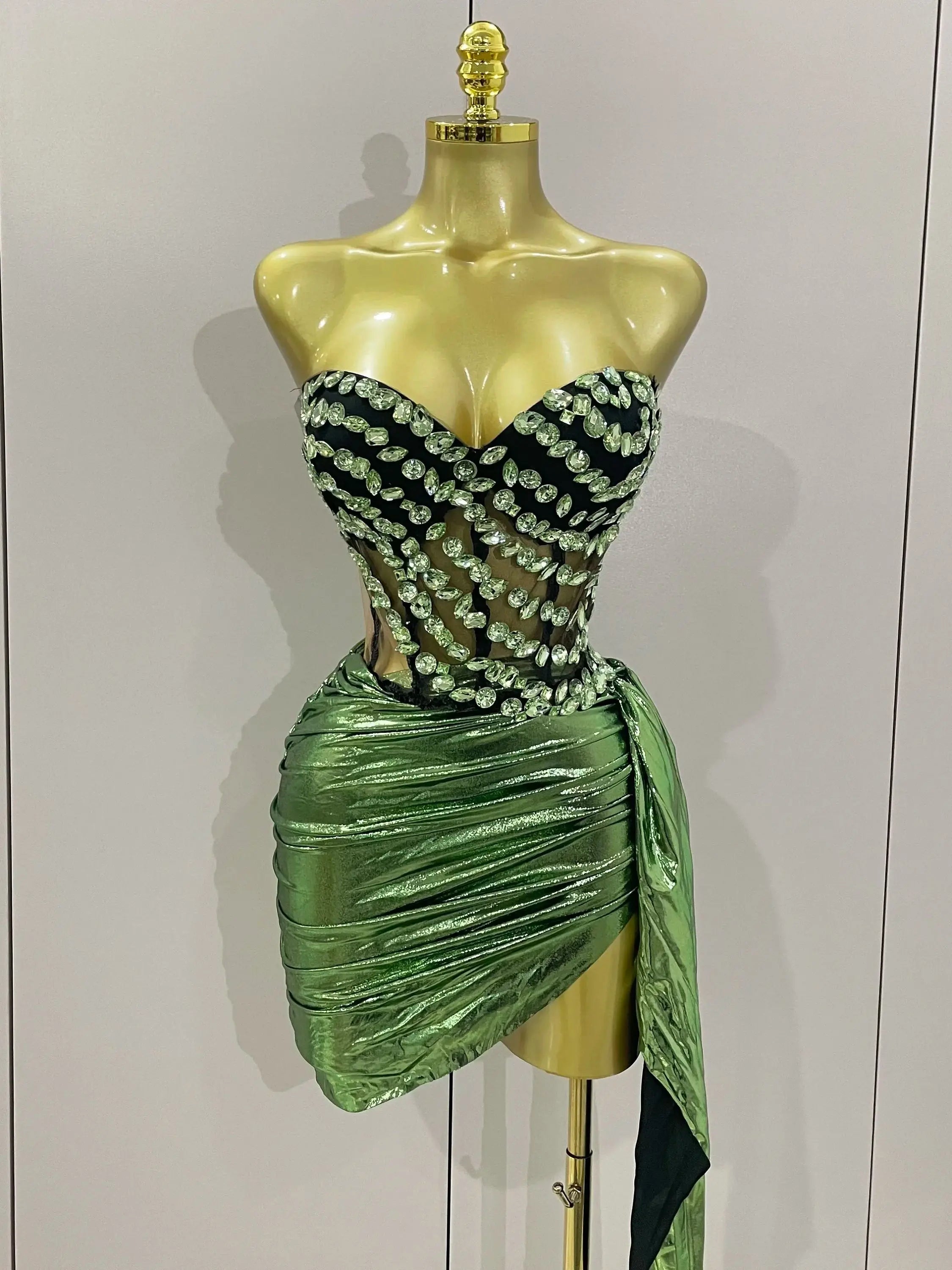 Sparkly Red Diamonds Two Piece Set Sexy Strapless Backless Women Outfit Evening Party Nightclub Stage Performance Dance Costume green