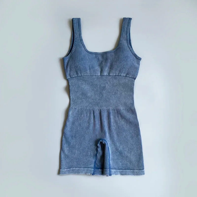 Women's Yoga Jumpsuits Ribbed One Piece Padded Tank Tops Rompers Sleeveless Acid Wash Activewear Unitard Sexy Bodycon Denim Blue