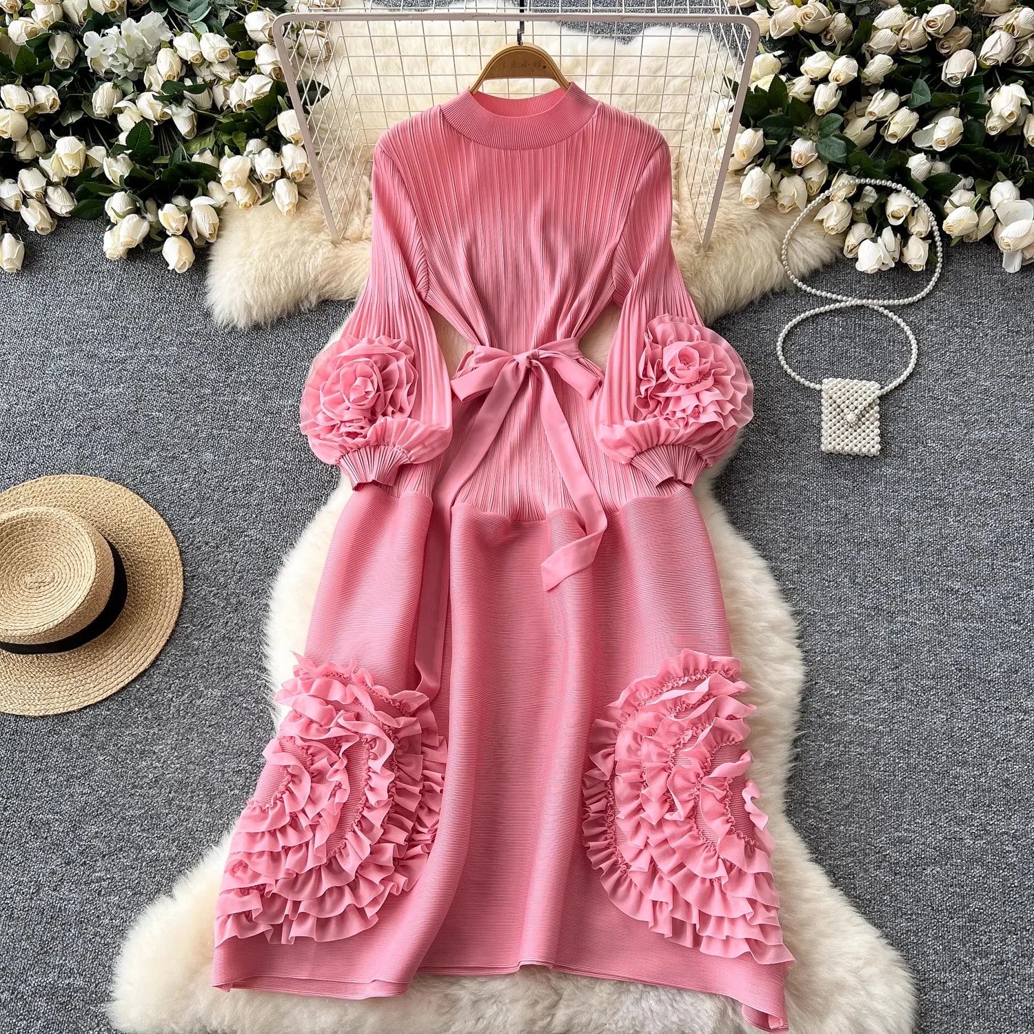 New Miyake High End Tied Up Oversize Pleated Long Robes Turtleneck Bubble Petal Sleeves High Waist Formal Dresses Women Clothing pink One Size