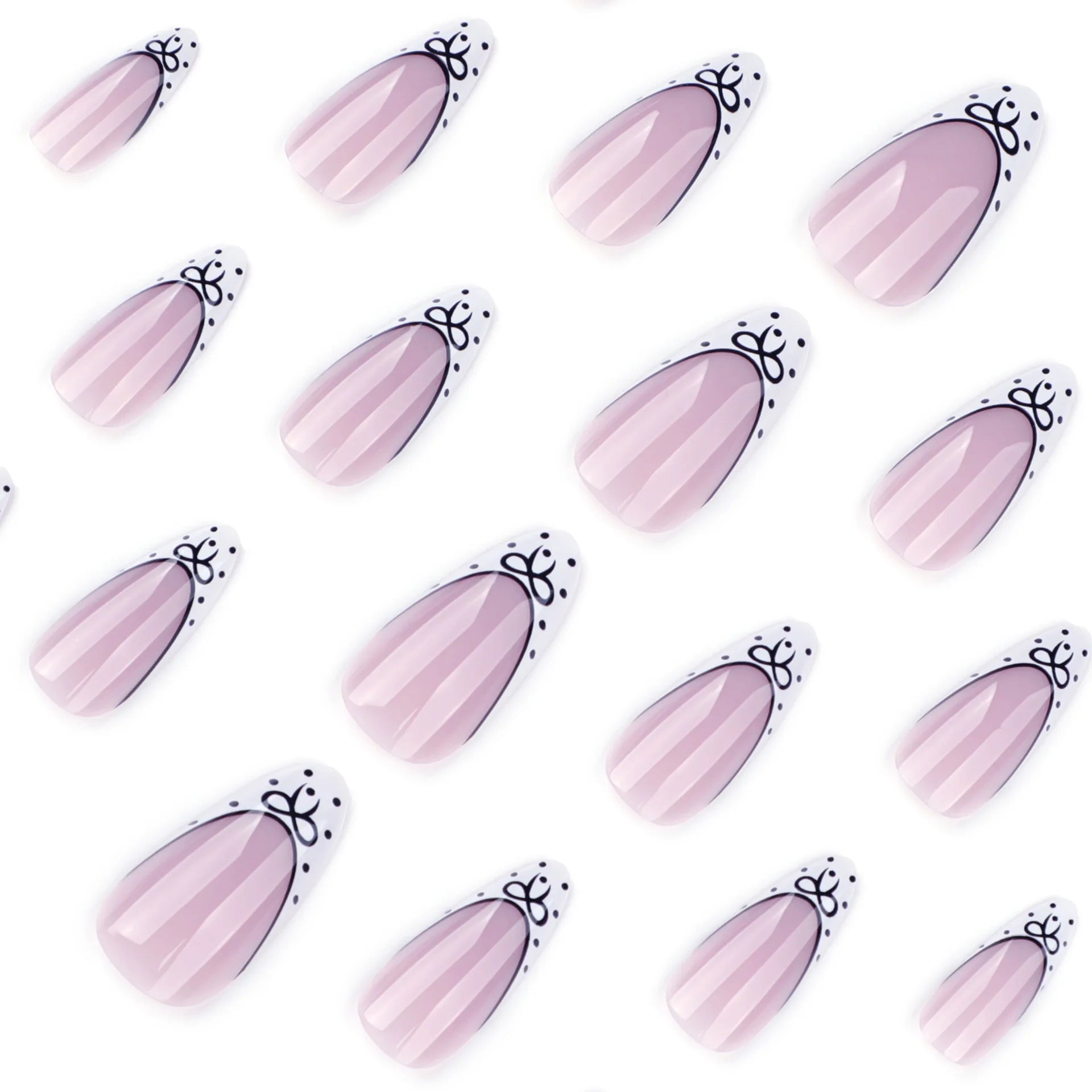24pcs Short Almond Press on Nails French Black Bow Dot Print False Nails Wearable Reusable Spicy Girl Korean Fake Nails