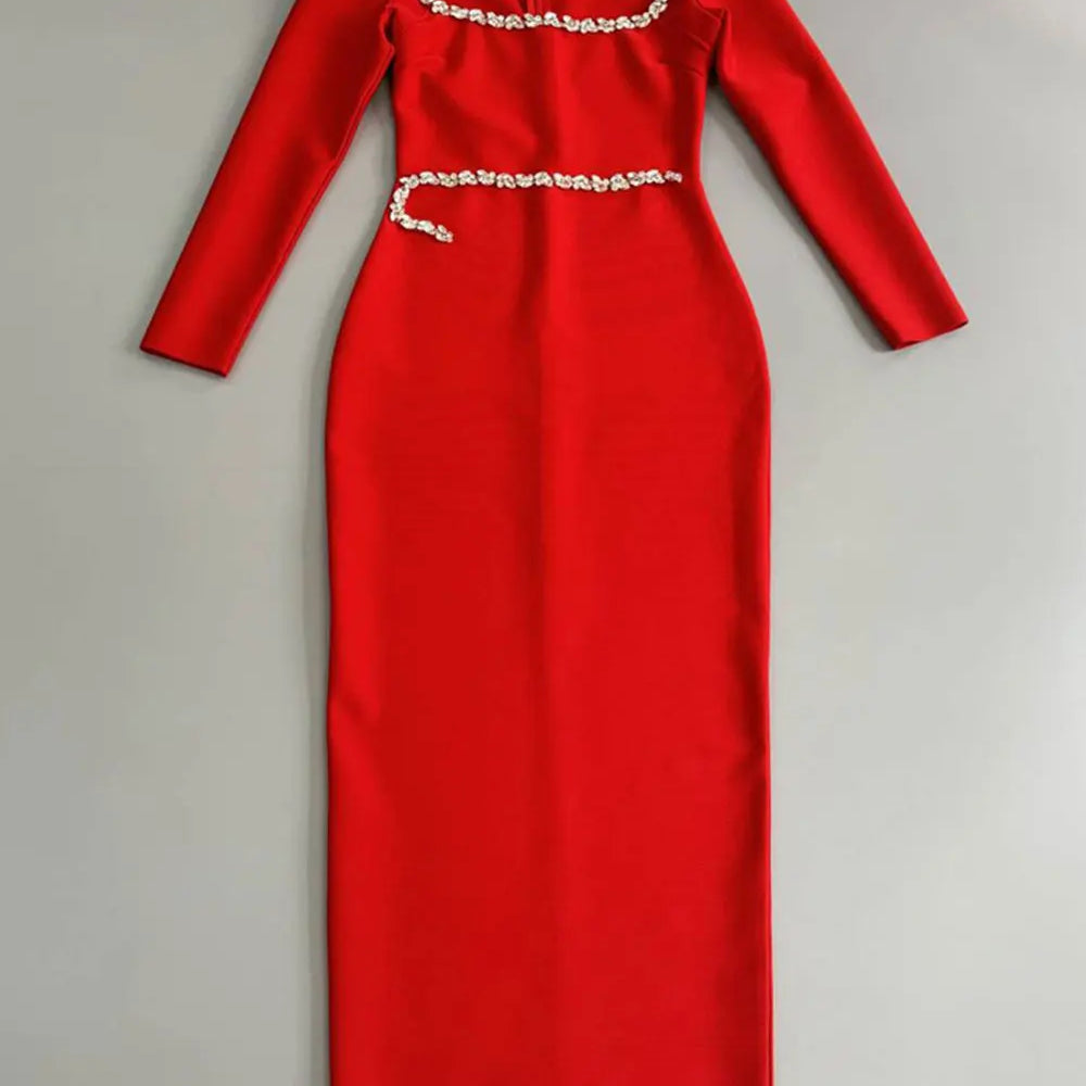2024 Elegant Women Dress Light Luxury Diamond Design Bandage Dress Square Neck Long Sleeve Bodycon Christmas Red Dress Vestidos Red
