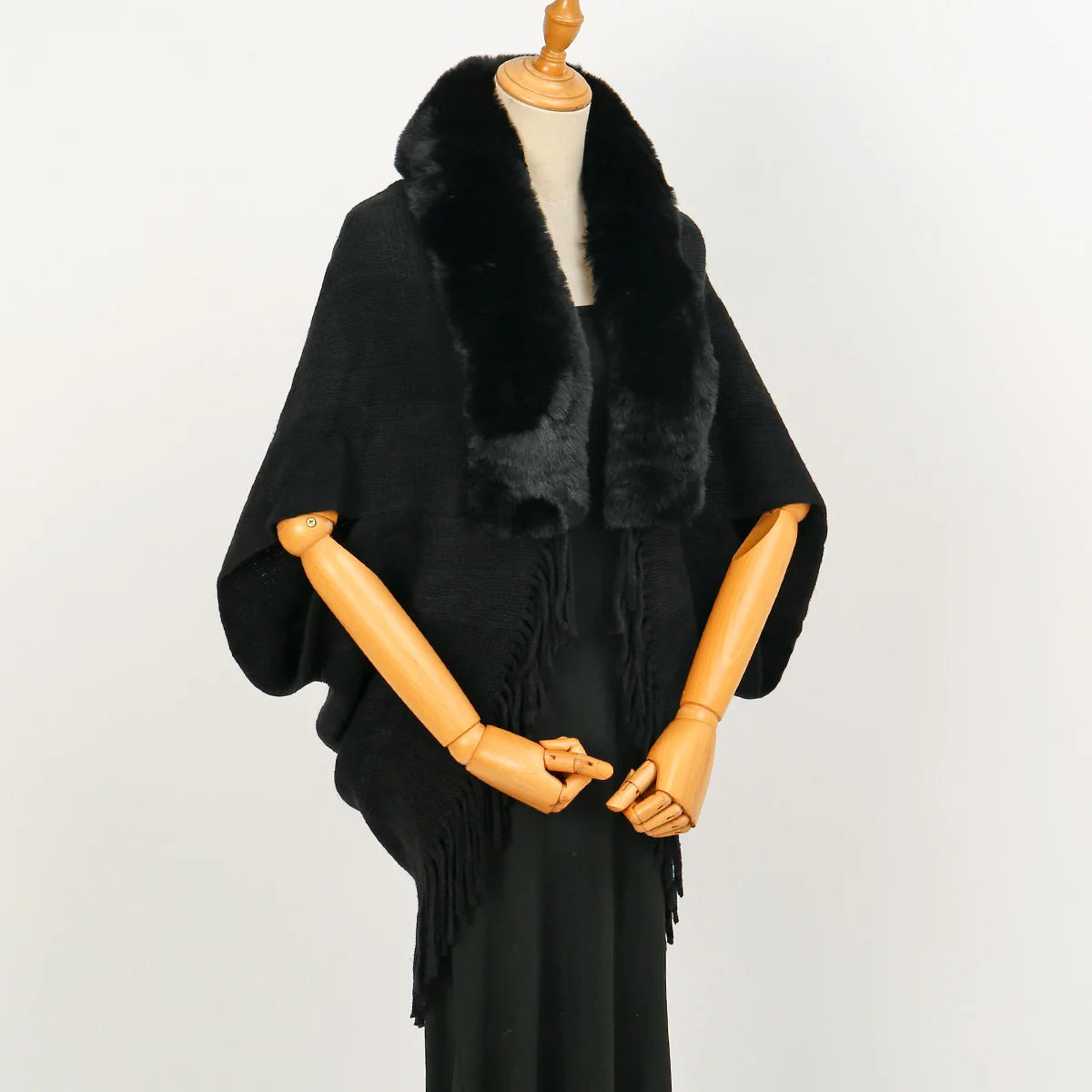 Fashion Faux Fur Collar Plush Shawl Knit Plaid Cardigan Cape Cloak Warm Thicken Shawl Autumn Winter Women Sweater Jacket Coat CP107-01