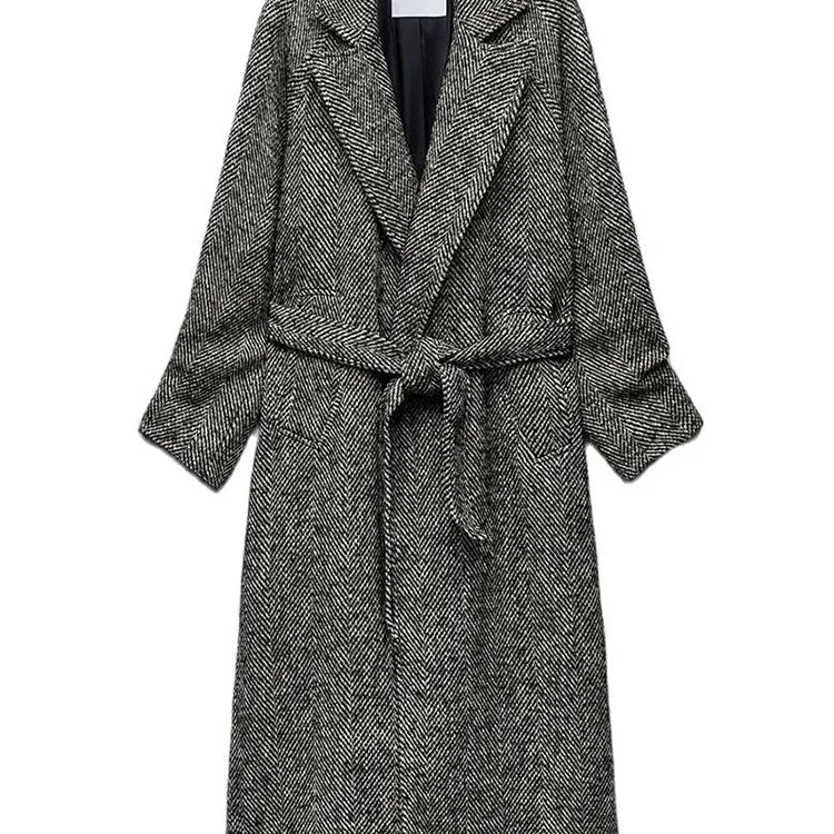 Women's Warm Windbreaker Fall And Winter New Retro Long-Sleeved Classic Jacket Herringbone Twill With Belt Windbreaker