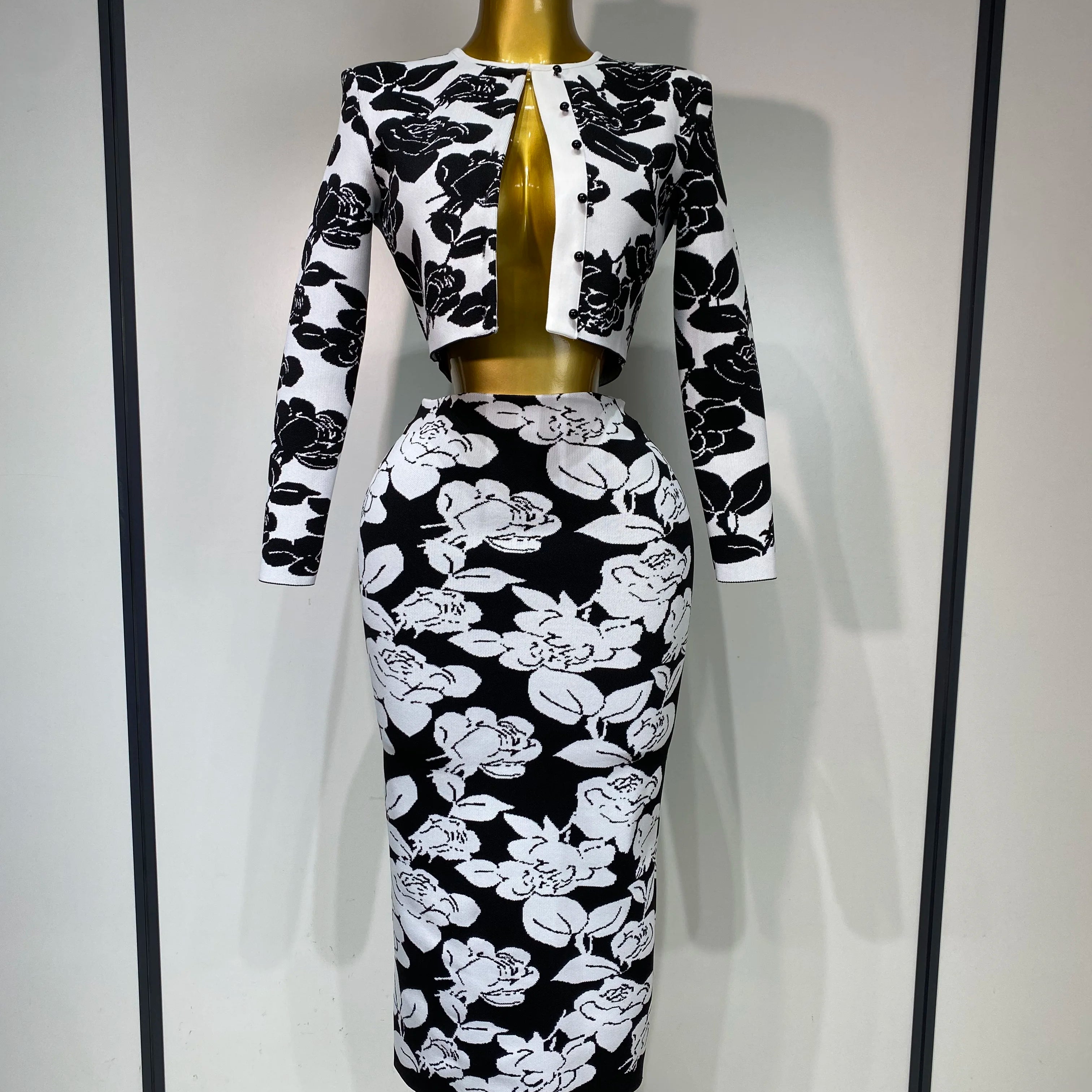 2025 Women Long Sleeve Jacquard Weave Two Pieces Set Celebrity Red Carpet Dress Birthday Bodycon Bandage Women's Set black