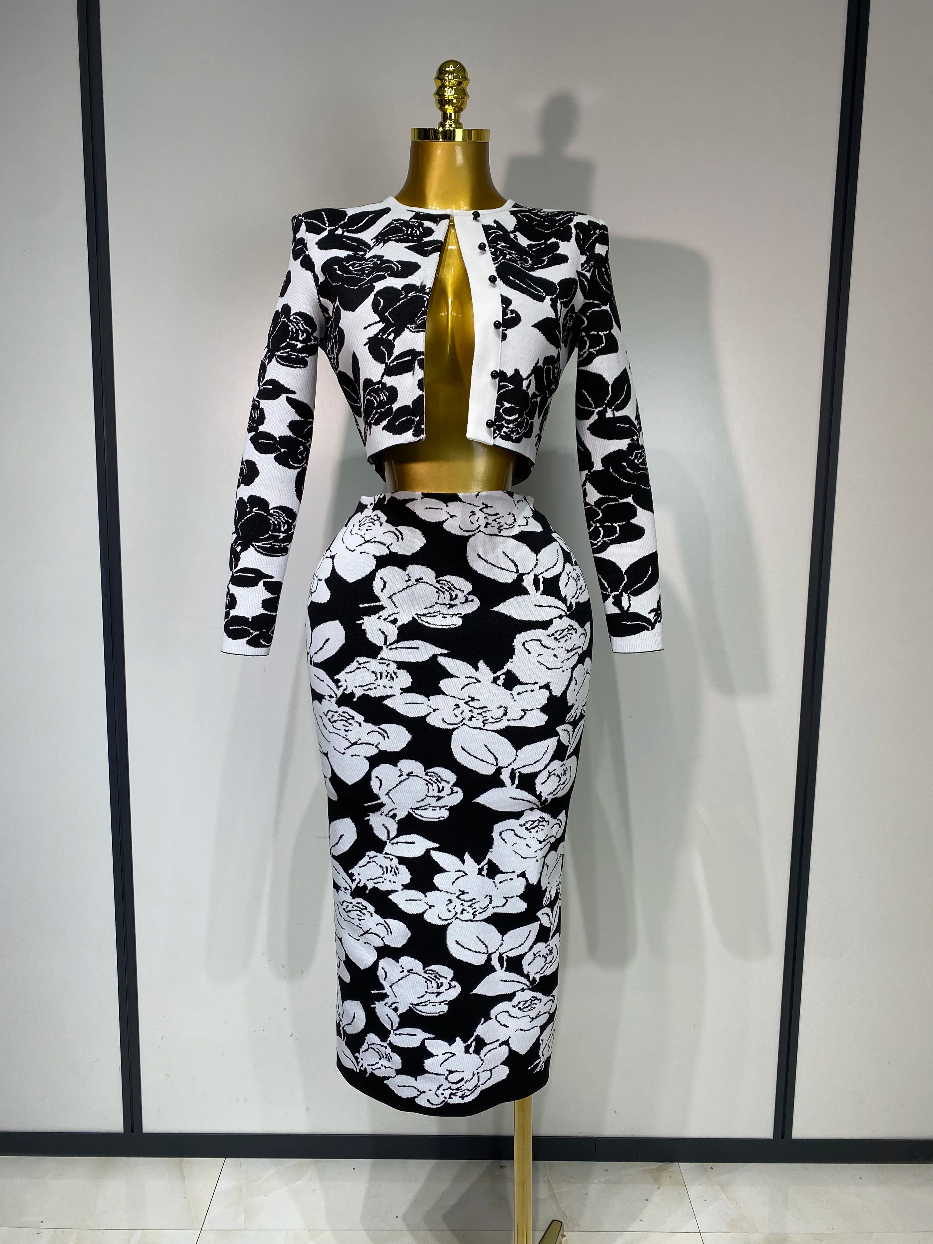 2025 Women Long Sleeve Jacquard Weave Two Pieces Set Celebrity Red Carpet Dress Birthday Bodycon Bandage Women's Set black