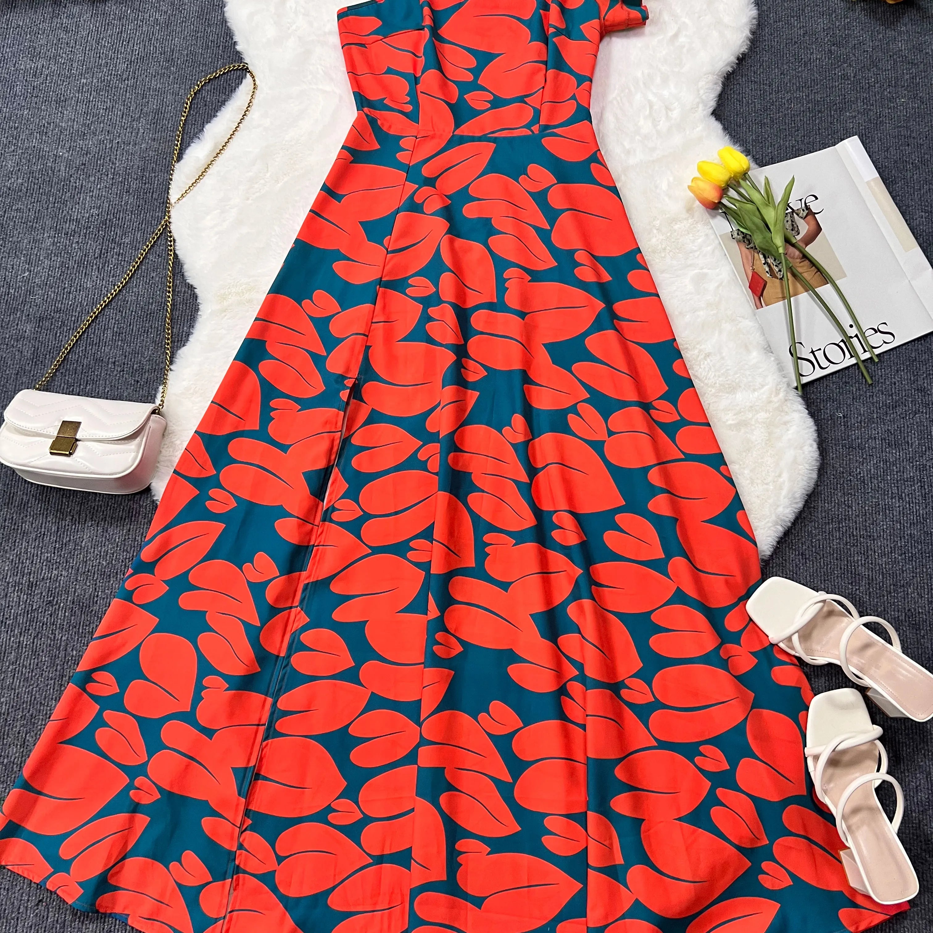 Women's Elegant Floral Printed Long Dresses, Casual Strapless, A Line Dresses, Ladies Side Split, Summer