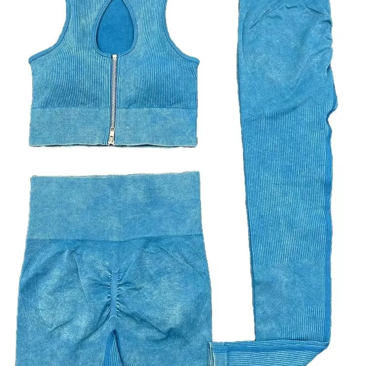 2PCS Seamless Frosted Yoga Sets Sports Fitness Beauty Back Bra High Waist Hip-lifting Leggings Suits Gym Shorts Sets for Women 3PCS Blue