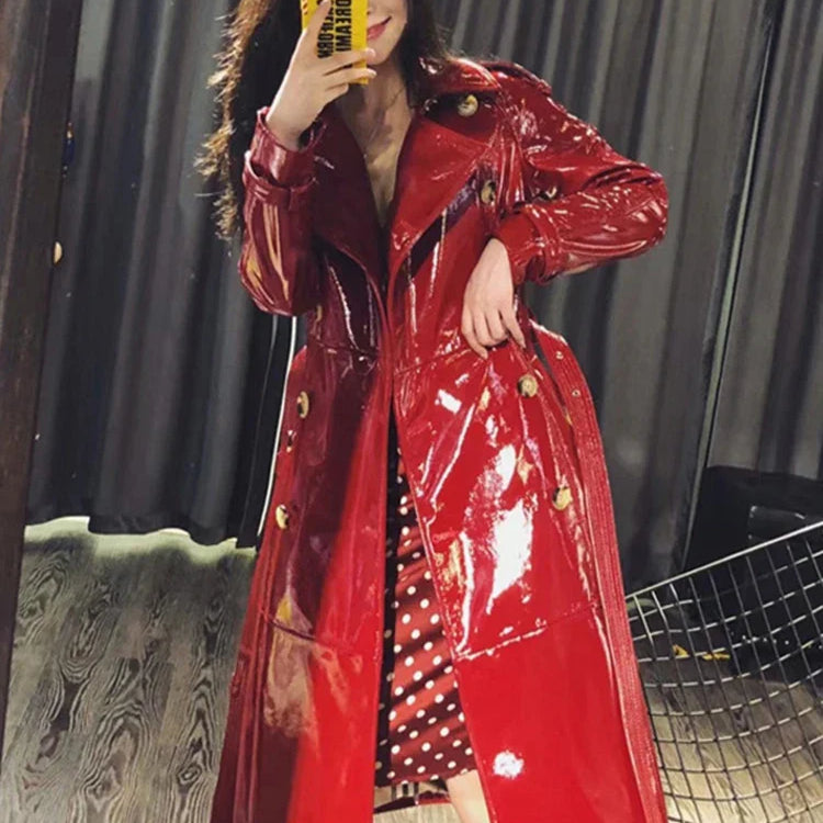 Autumn Long Shiny Reflective Patent Faux Leather Trench Coat for Women Sashes Double Breasted Runway European Fashion red