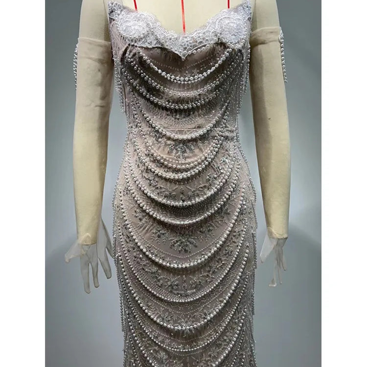 Women Luxury Sexy Strapless Backless Pearl Sequins Maxi Long Gowns Dress 2024 Elegant Evening Party Club Dress Vestido