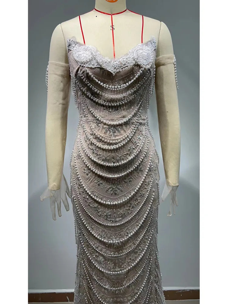 Women Luxury Sexy Strapless Backless Pearl Sequins Maxi Long Gowns Dress 2024 Elegant Evening Party Club Dress Vestido