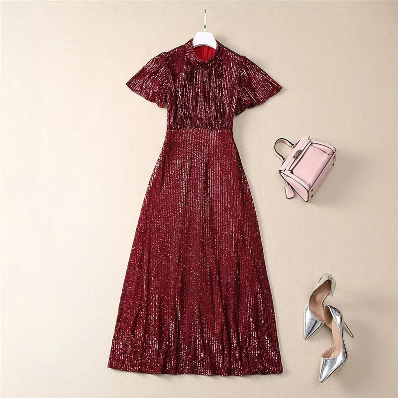 Solid Spliced Sequins Fashion Dresses for Women Round Neck Short Sleeves Patchwork Folds Elegant Dress Female New BURGUNDY