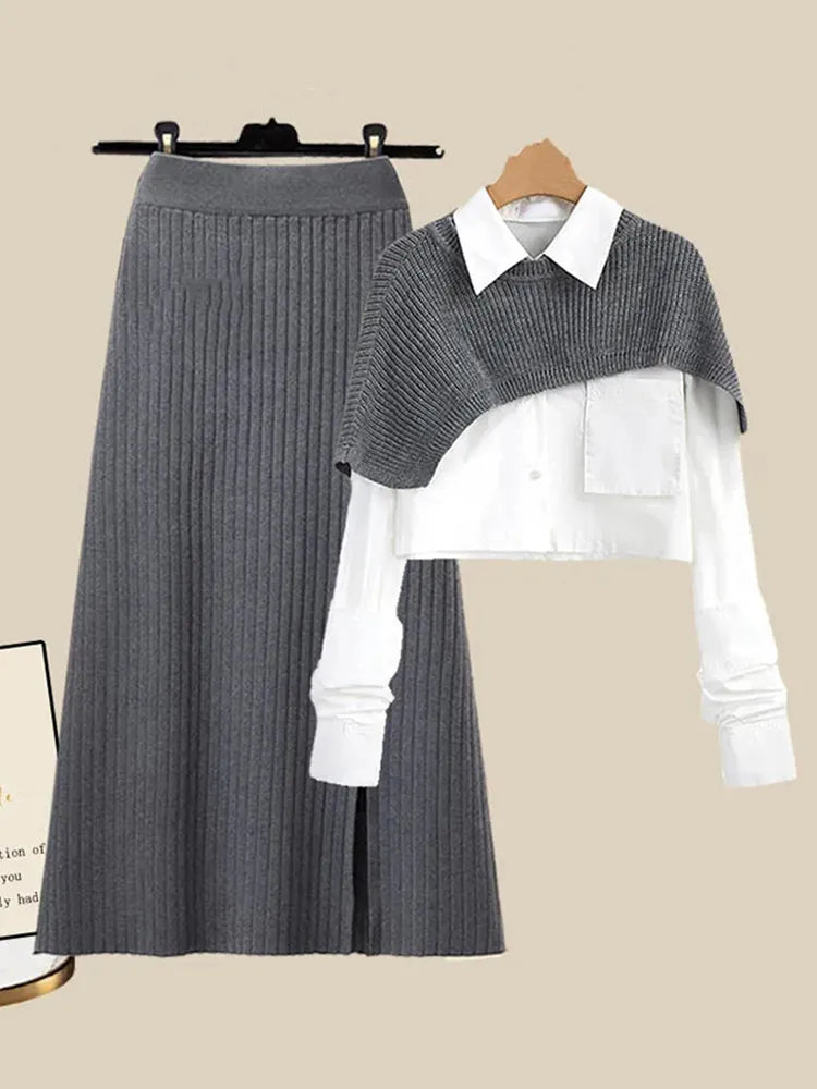 Spring Autumn Large Size Women's Shawl Shirt Three-piece Set+High Waist Knitting Half-body Skirt Set Women Fashion 3 Piece Set