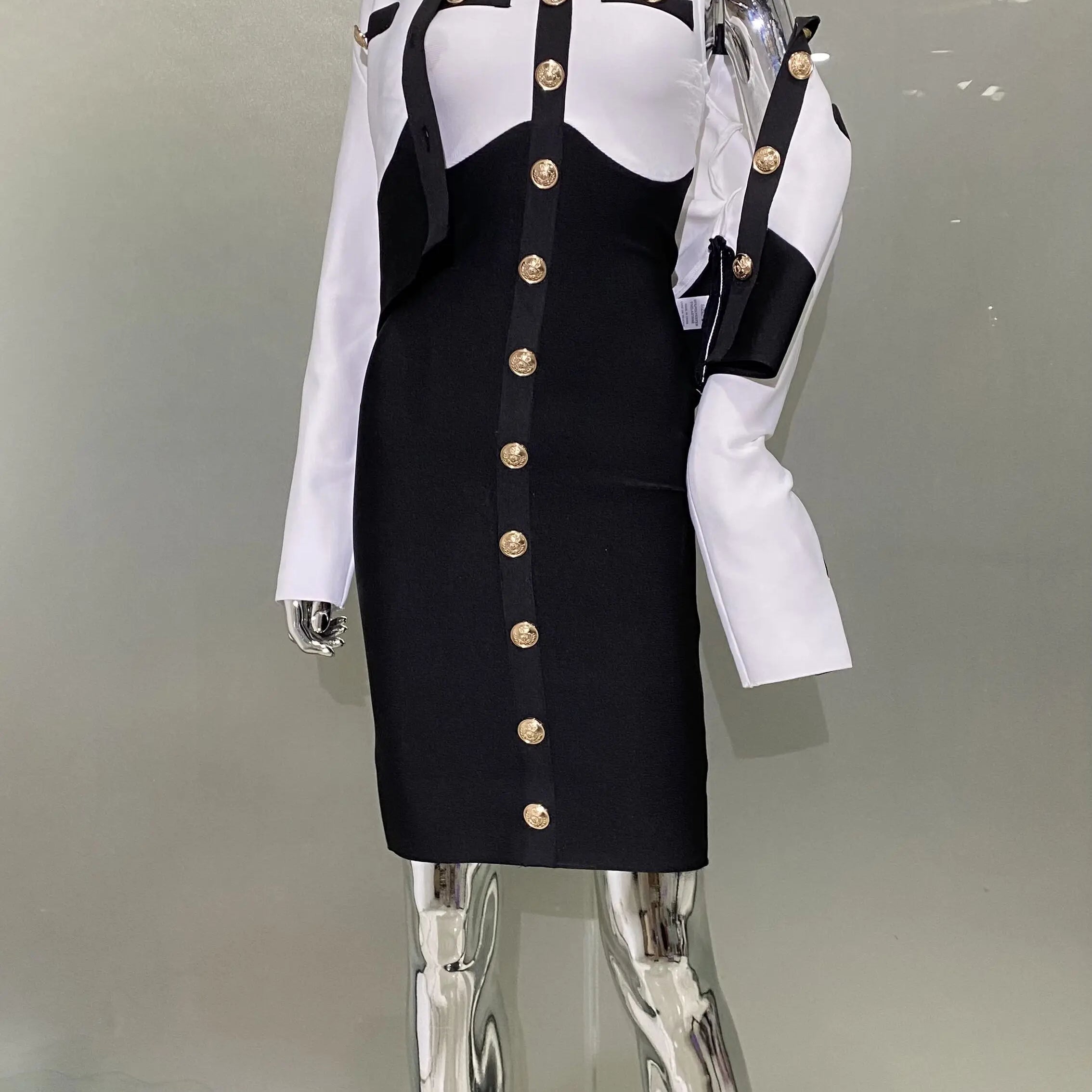 New Arrivals Fashionable Women's Bandage Set Golden Buttons White Patchwork Black Coat And Sleeveless Bodycon MIini Dress