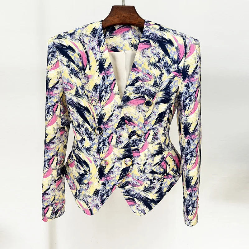 Hit Color Spliced Printing Fashion Jackets for Women V Neck Long Sleeves Patchwork Button Elegant Jacket Female New YELLOW
