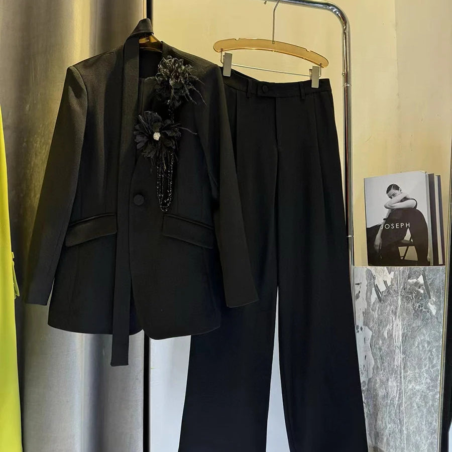 Solid Elegant Two Piece Sets for Women V Neck Long Sleeves Patchwork 3D Flower Top High Waist Pant Set Female New BLACK