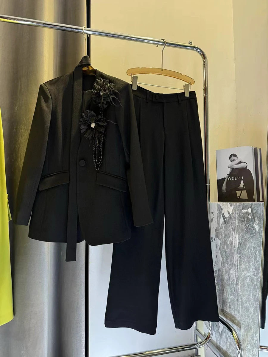 Solid Elegant Two Piece Sets for Women V Neck Long Sleeves Patchwork 3D Flower Top High Waist Pant Set Female New BLACK